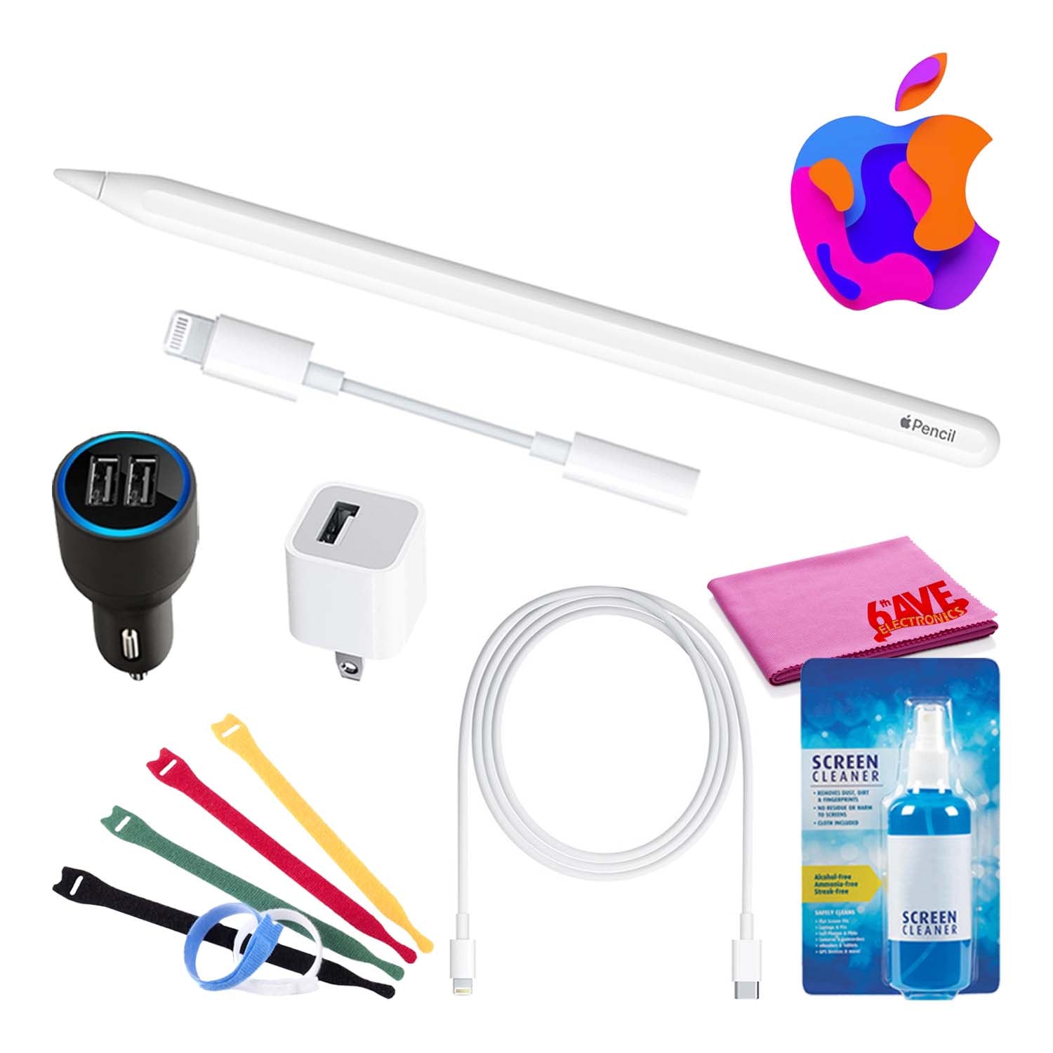 Apple Pencil (2nd Gen) Bundle with Velcro Cable Ties + Screen Cleaning Kit