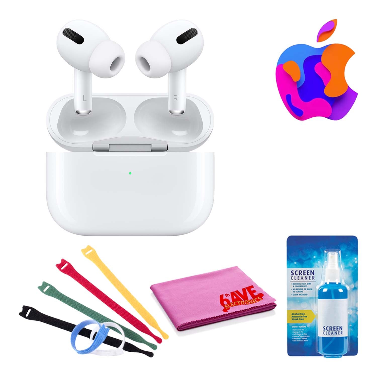 Apple AirPods Pro with Wireless Charging Case Bundle with Cable Ties + Deluxe Cleaning Kit + More