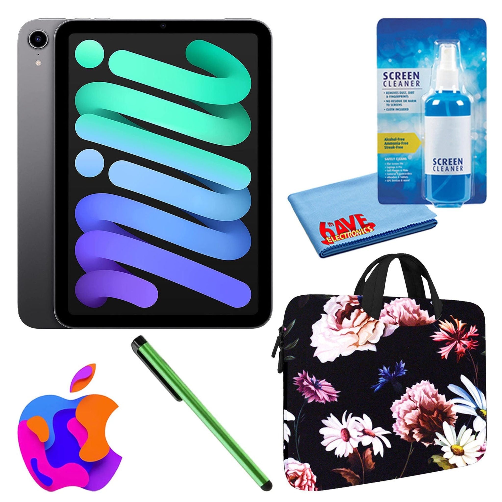 Apple iPad Mini 6 64GB, Cellular, Space Gray Bundle with Black Floral Sleeve