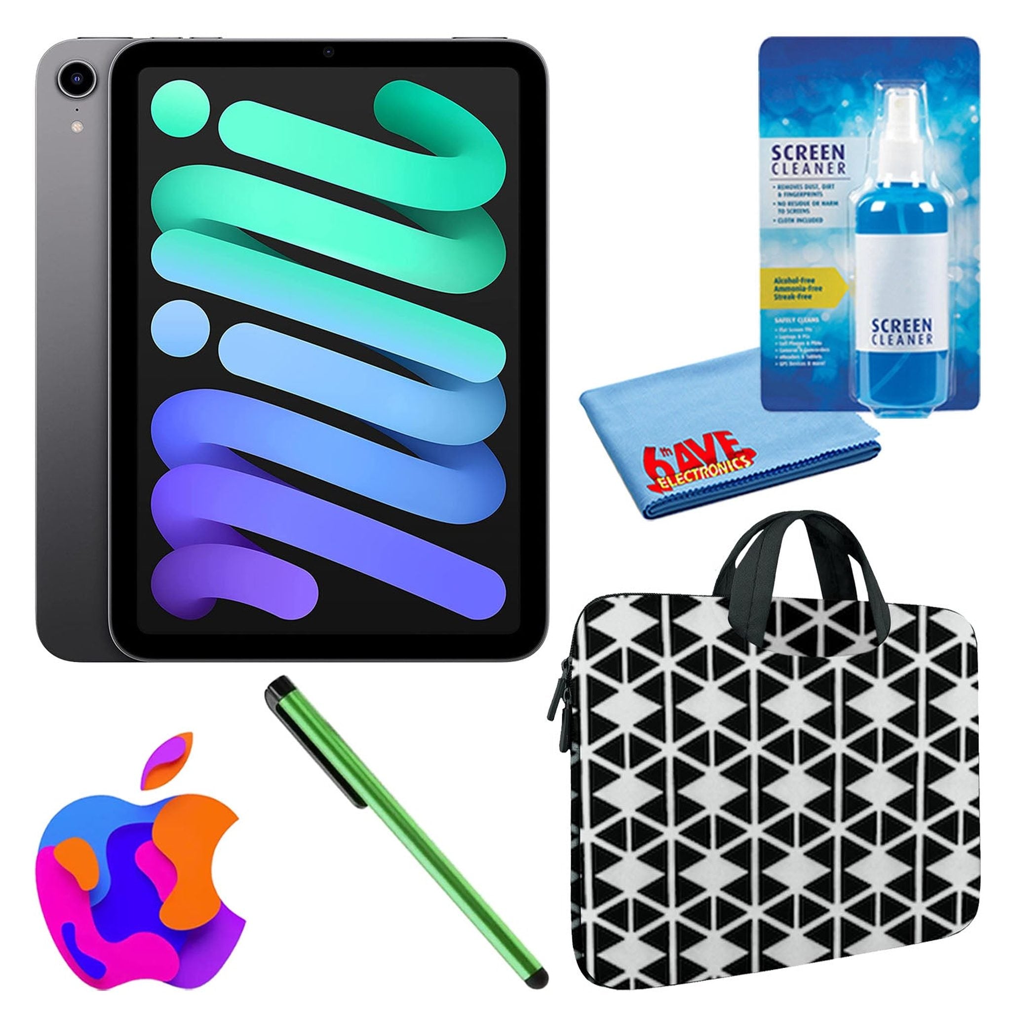 Apple iPad Mini 6 64GB, Cellular, Space Gray Bundle with Zipper Sleeve