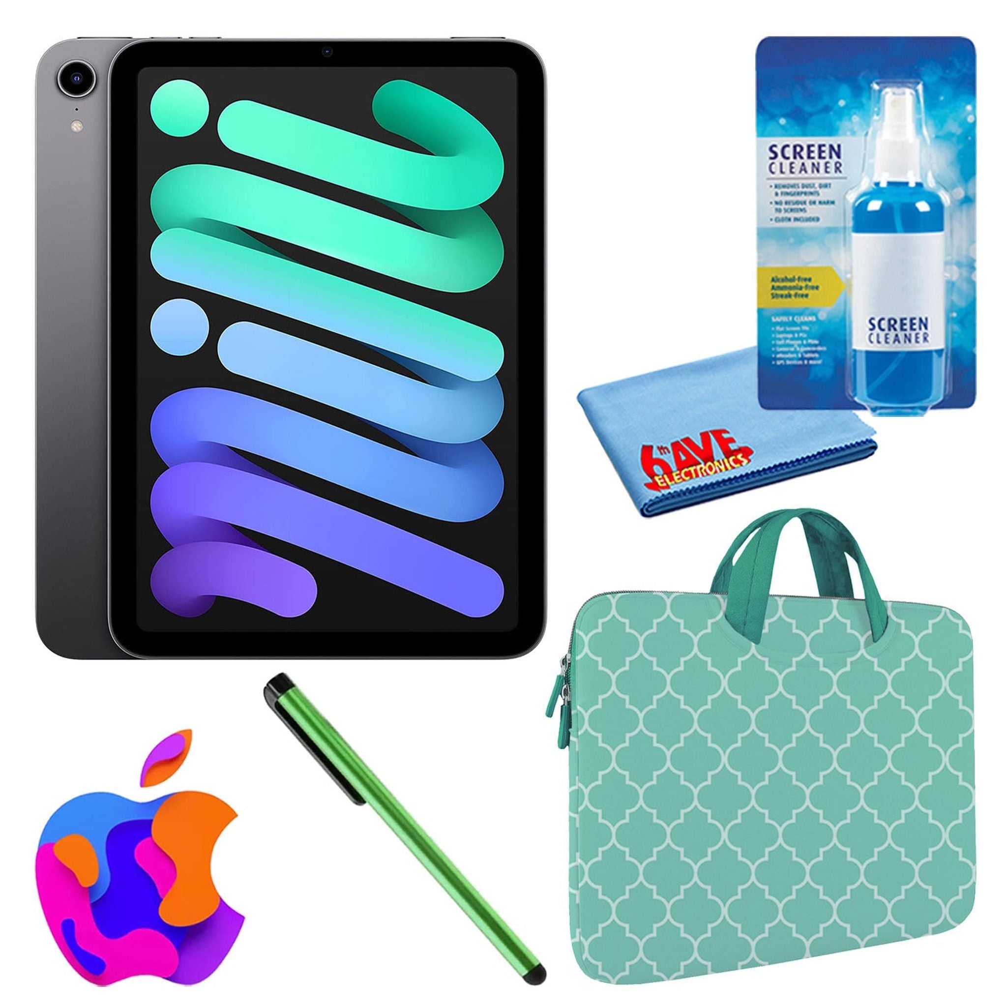 Apple iPad Mini 6 64GB, Cellular, Space Gray Bundle with Mint Moroccan Sleeve
