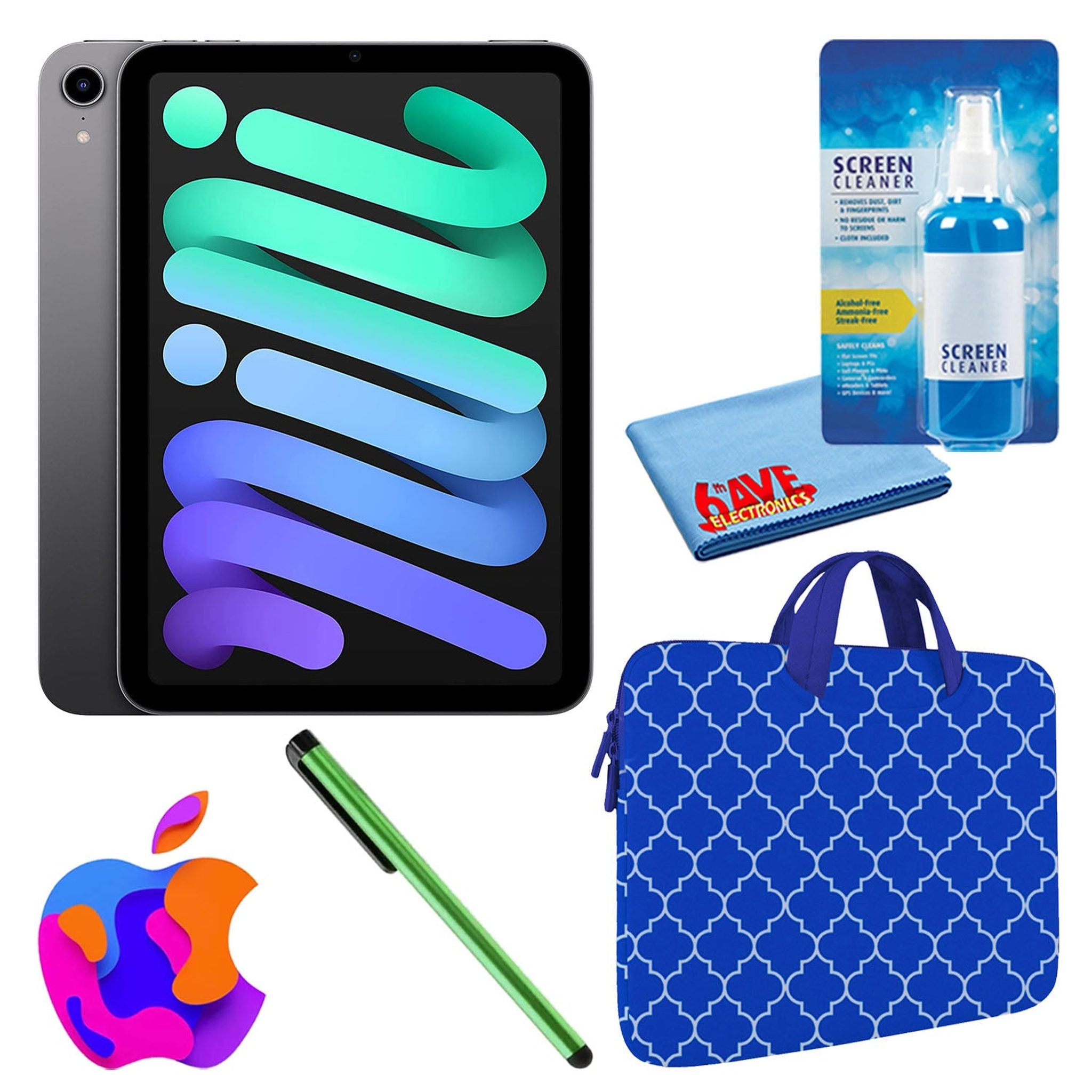 Apple iPad Mini 6 64GB, Cellular, Space Gray Bundle with Blue Moroccan Sleeve