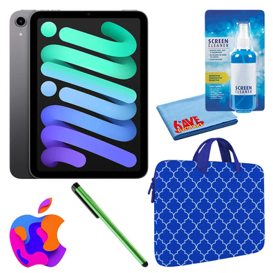 Apple iPad Mini 6 64GB, Wi-Fi, Space Gray Bundle with Blue Moroccan Sleeve