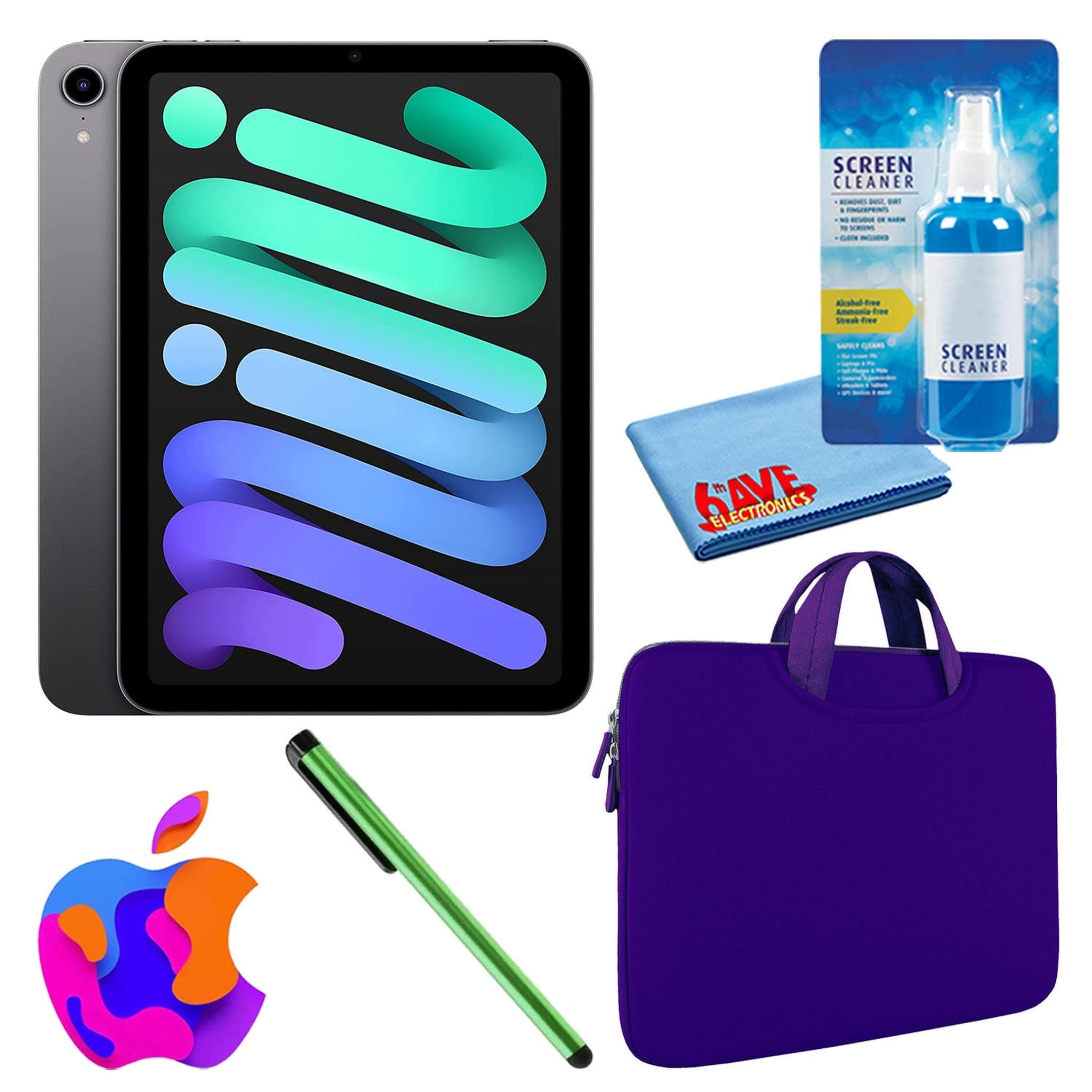 Apple iPad Mini 6 64GB, Cellular, Space Gray Bundle with Zipper Sleeve - Reconditioned Apple