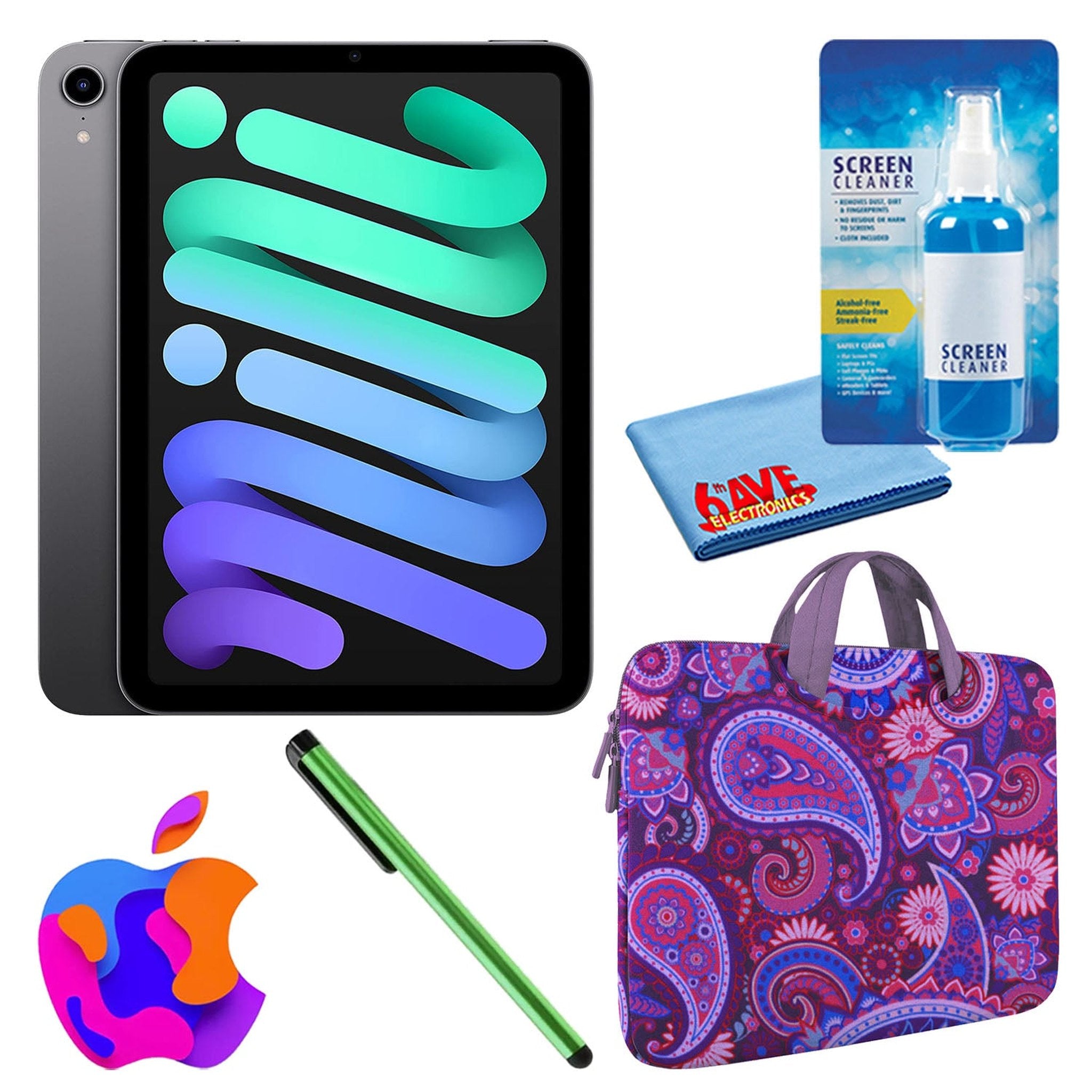 Apple iPad Mini 6 64GB, Cellular, Space Gray Bundle with Purple Paisley Sleeve