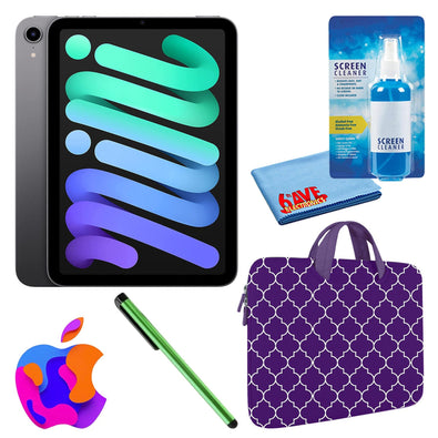 Apple iPad Mini 6 64GB, Wi-Fi, Space Gray Bundle with Purple Moroccan Sleeve