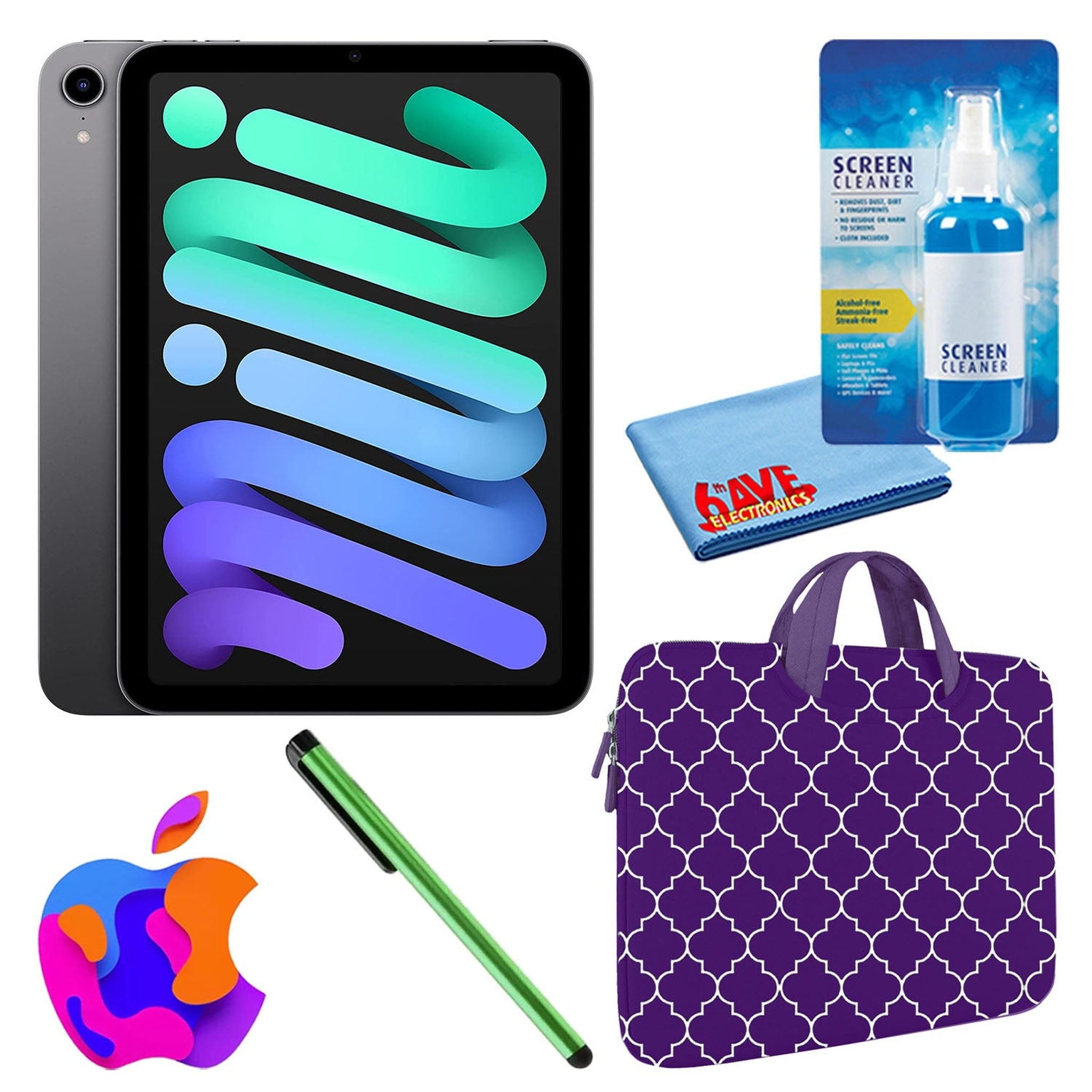 Apple iPad Mini 6 64GB, Cellular, Space Gray with Purple Moroccan Sleeve - Like New Apple