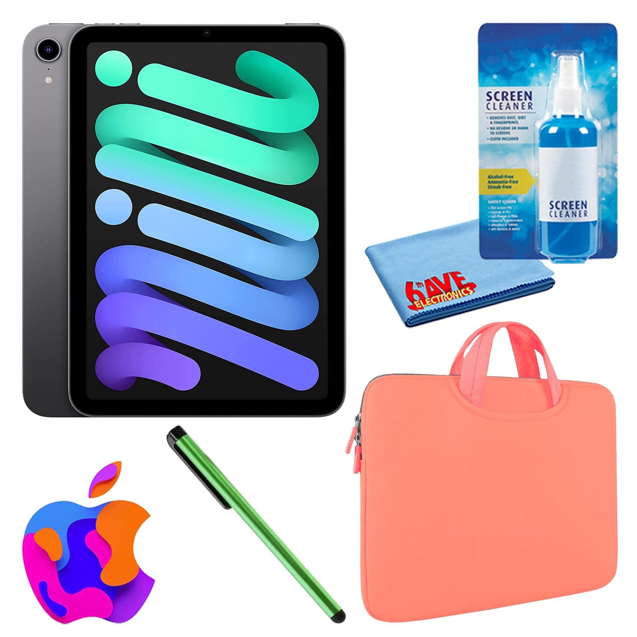 Apple iPad Mini 6 64GB, Cellular, Space Gray Bundle with Zipper Sleeve - Reconditioned Apple