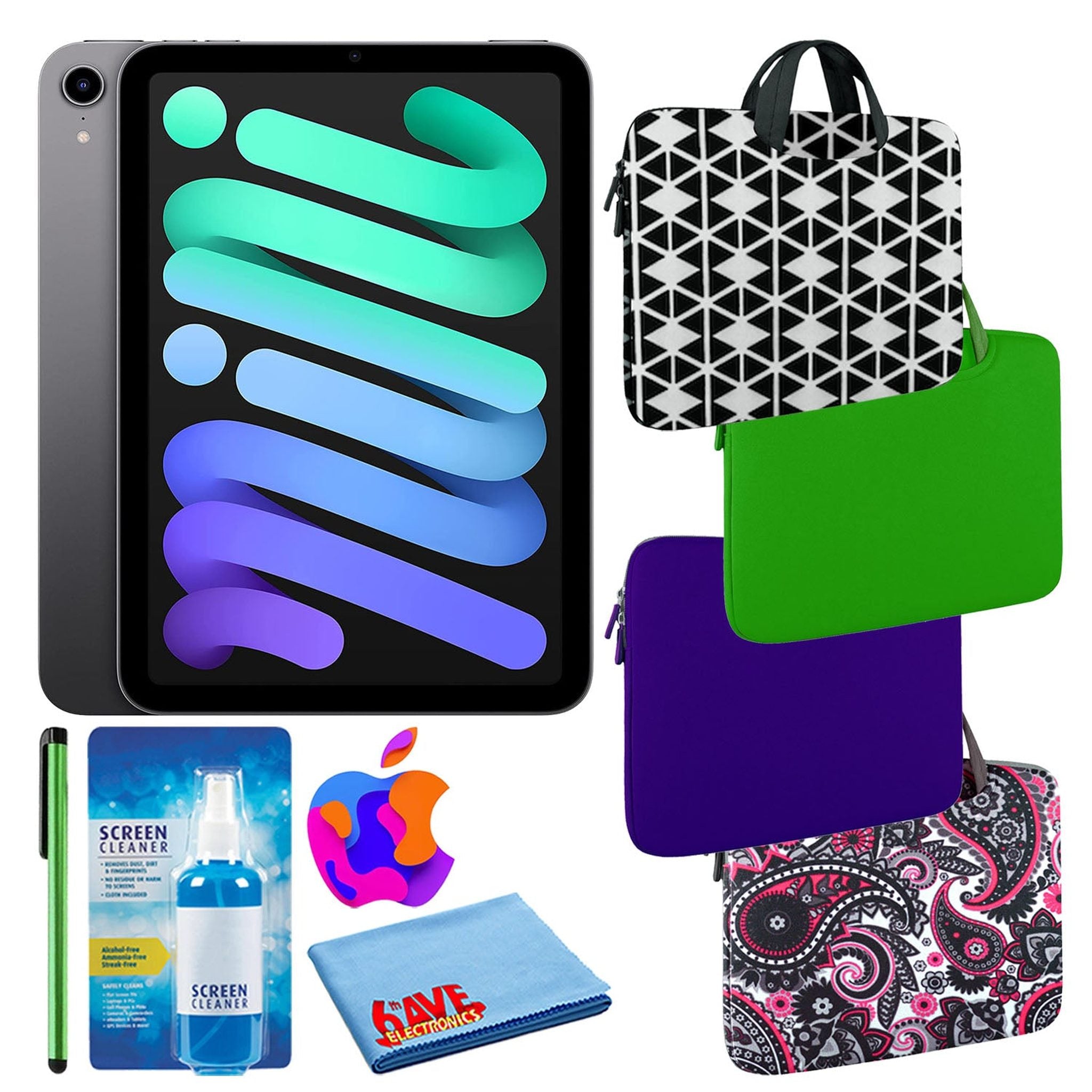 Apple iPad Mini 6 64GB, Cellular, Space Gray Bundle with Zipper Sleeve