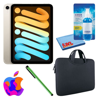 Apple iPad Mini 6 64GB, Cellular, Starlight Bundle with Zipper Sleeve