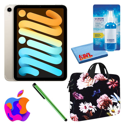 Apple iPad Mini 6 64GB, Cellular, Starlight Bundle with Black Floral Sleeve