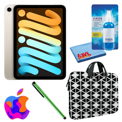 Apple iPad Mini 6 64GB, Cellular, Starlight Bundle with Zipper Sleeve