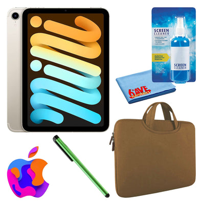 Apple iPad Mini 6 64GB, Cellular, Starlight Bundle with Zipper Sleeve