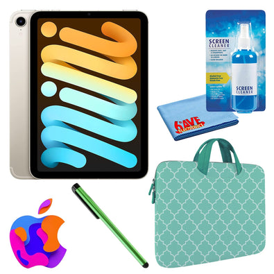 Apple iPad Mini 6 64GB, Cellular, Starlight Bundle with Mint Moroccan Sleeve