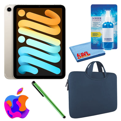 Apple iPad Mini 6 64GB, Cellular, Starlight Bundle with Zipper Sleeve