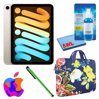 Apple iPad Mini 6 64GB, Cellular, Starlight Bundle with Zipper Sleeve