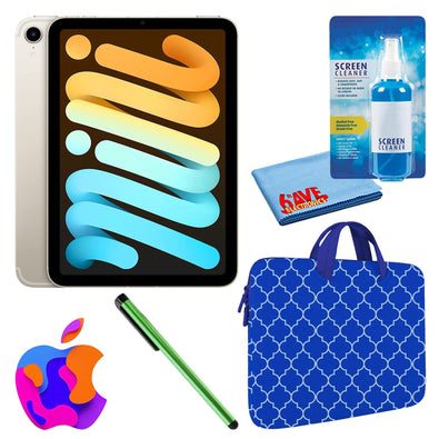 Apple iPad Mini 6 64GB, Cellular, Starlight Bundle with Blue Moroccan Sleeve