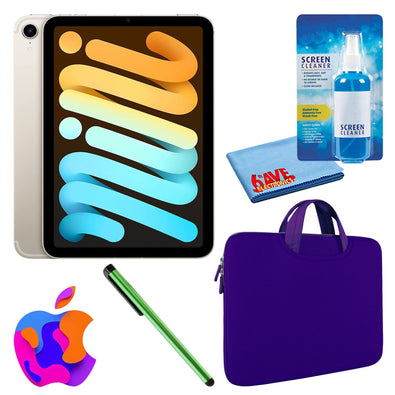 Apple iPad Mini 6 64GB, Cellular, Starlight Bundle with Zipper Sleeve