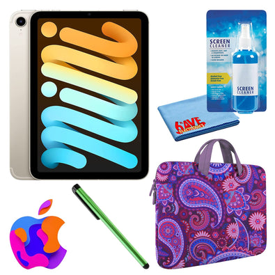 Apple iPad Mini 6 64GB, Cellular, Starlight Bundle with Purple Paisley Sleeve