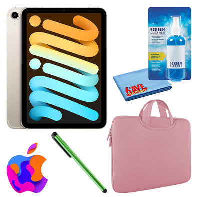 Apple iPad Mini 6 64GB, Cellular, Starlight Bundle with Zipper Sleeve
