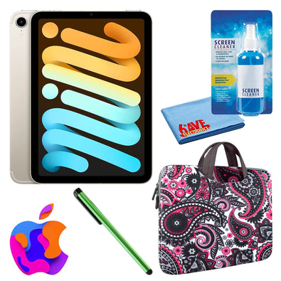 Apple iPad Mini 6 64GB, Cellular, Starlight Bundle with Zipper Sleeve