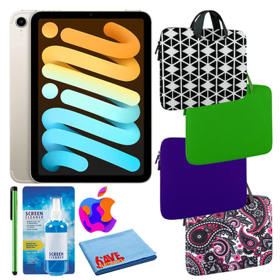 Apple iPad Mini 6 64GB, Cellular, Starlight Bundle with Zipper Sleeve