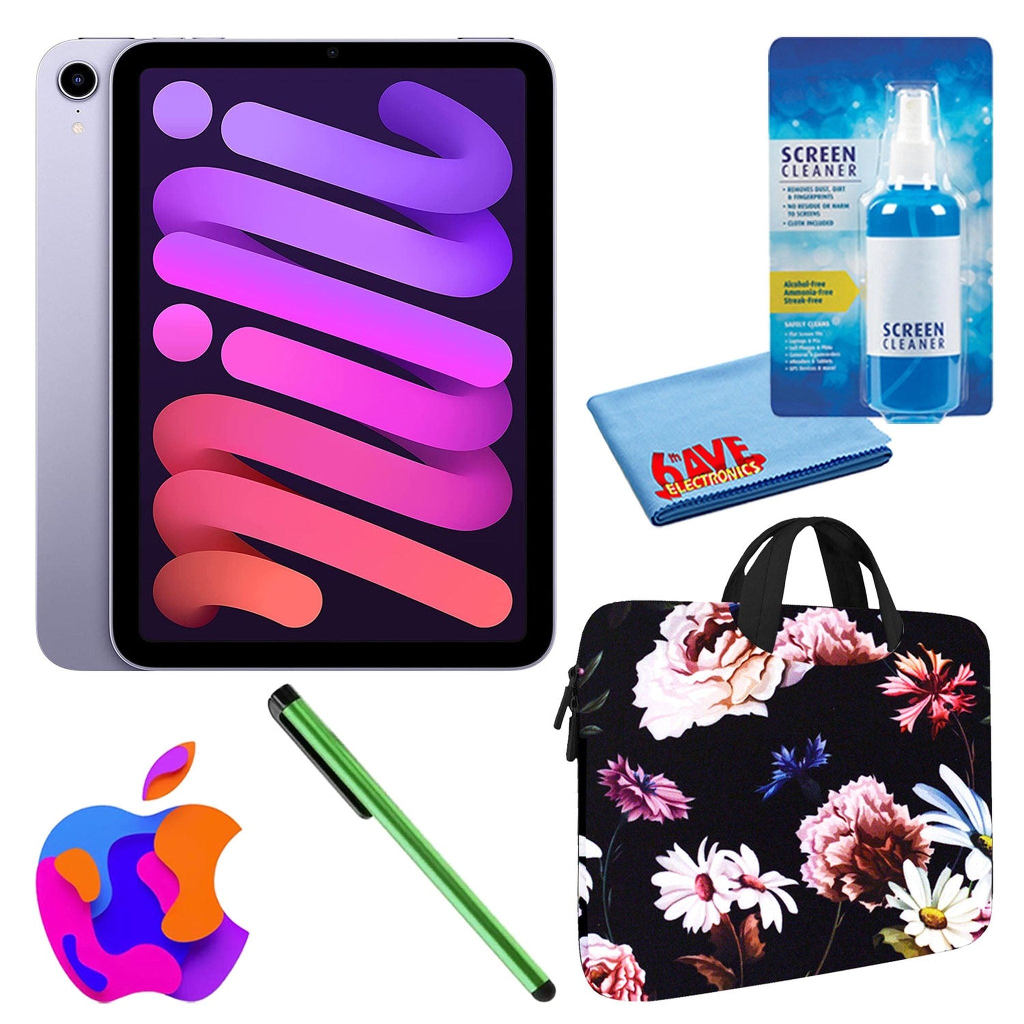 Apple iPad Mini 6 64GB, Wi-Fi, Purple Bundle with Black Floral Sleeve