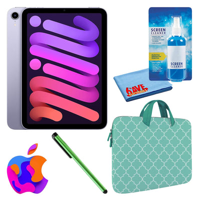 Apple iPad Mini 6 64GB, Cellular, Purple Bundle with Mint Moroccan Sleeve