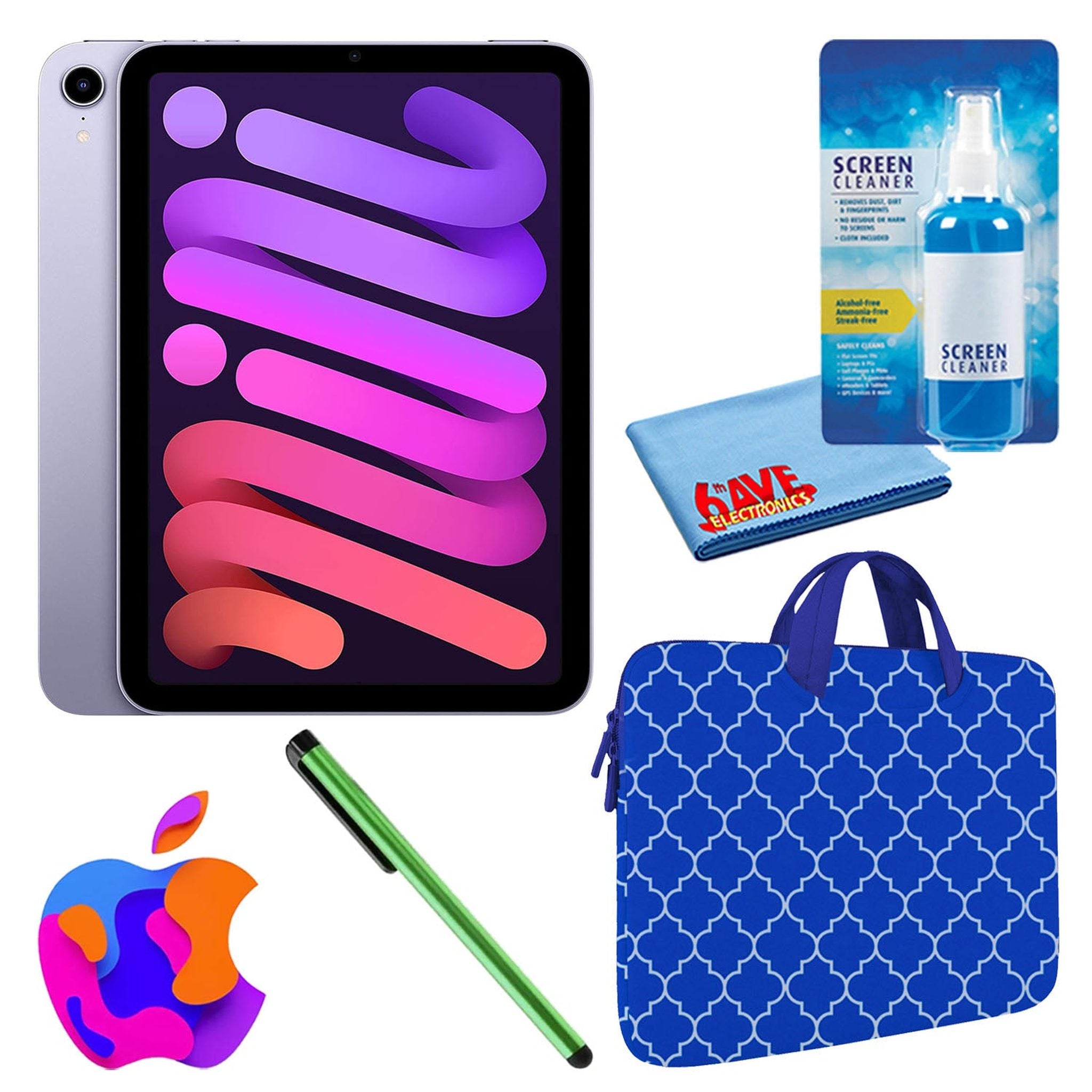 Apple iPad Mini 6 64GB, Wi-Fi, Purple Bundle with Blue Moroccan Sleeve - Like New Apple