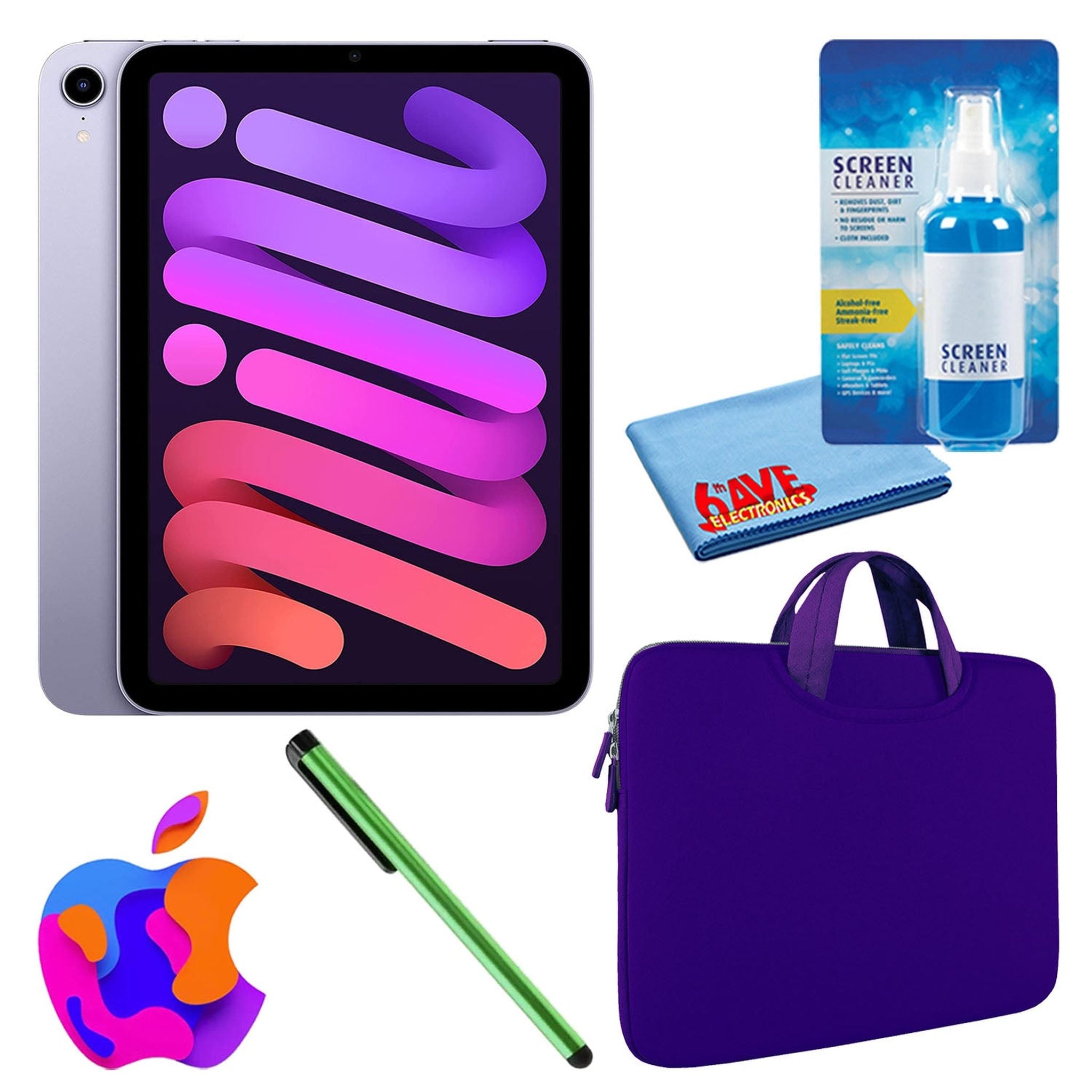 Apple iPad Mini 6 64GB, Wi-Fi, Purple Bundle with Zipper Sleeve