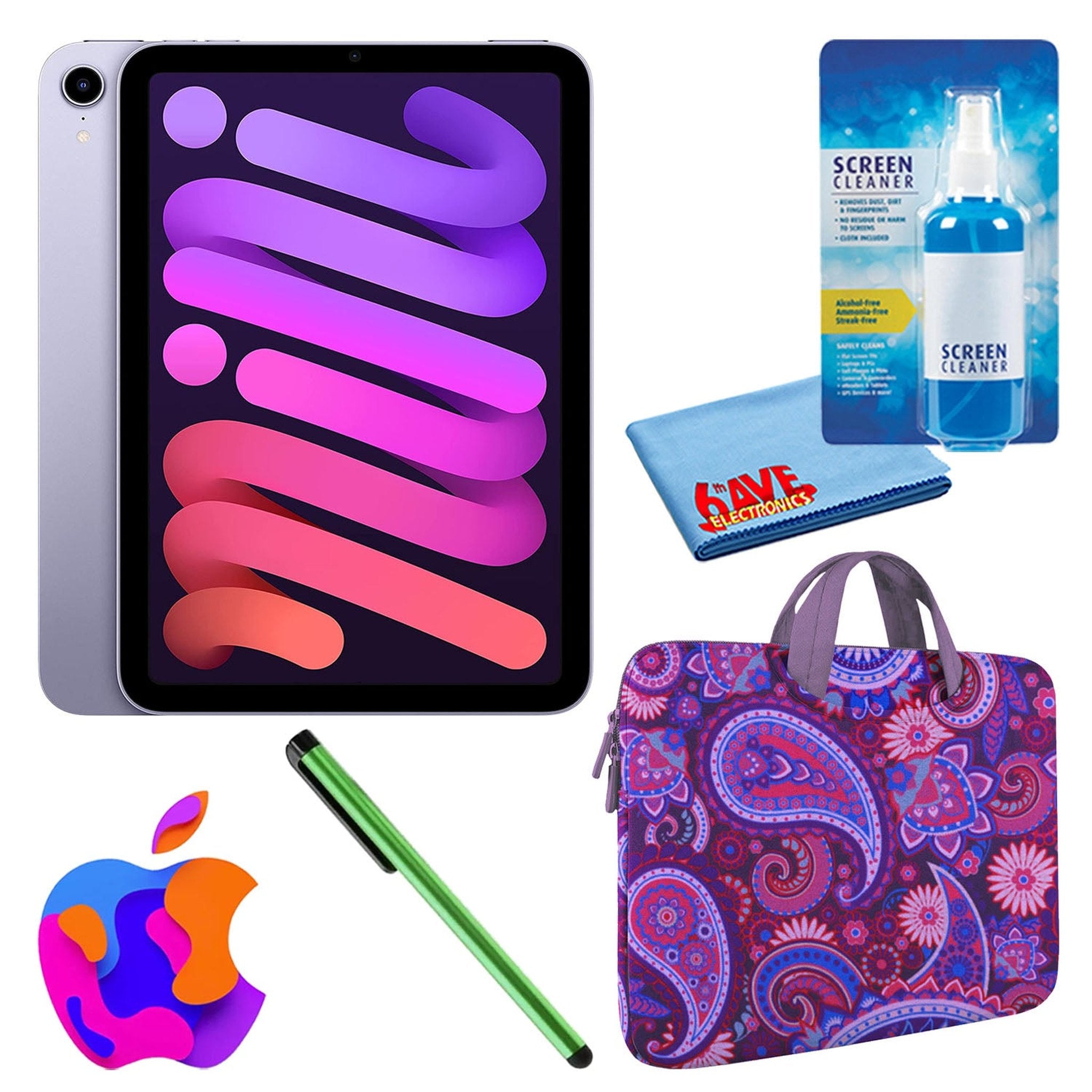 Apple iPad Mini 6 64GB, Wi-Fi, Purple Bundle with Purple Paisley Sleeve - Reconditioned Apple