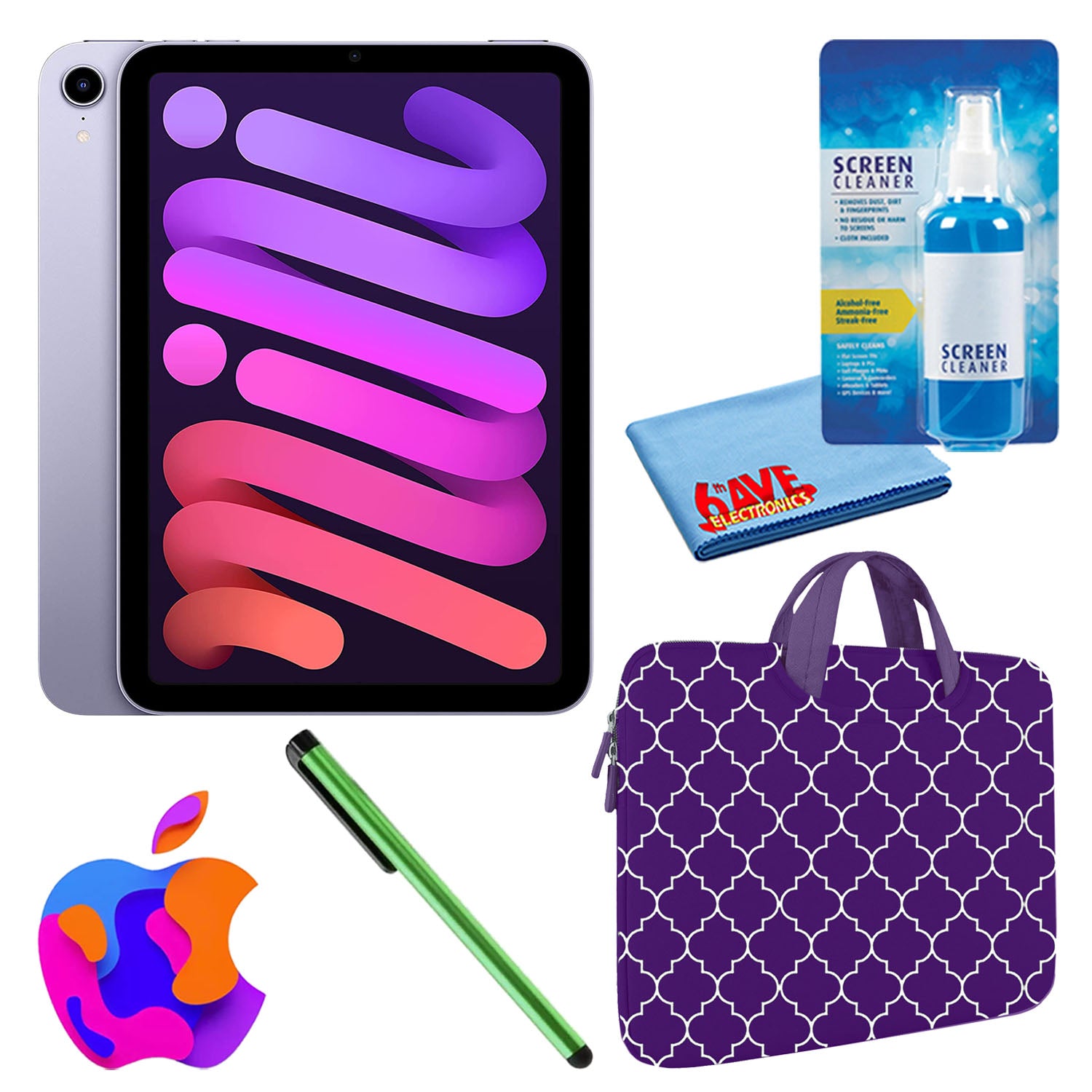 Apple iPad Mini 6 (64GB, Wi-Fi, Purple) Bundle with Purple Moroccan Sleeve