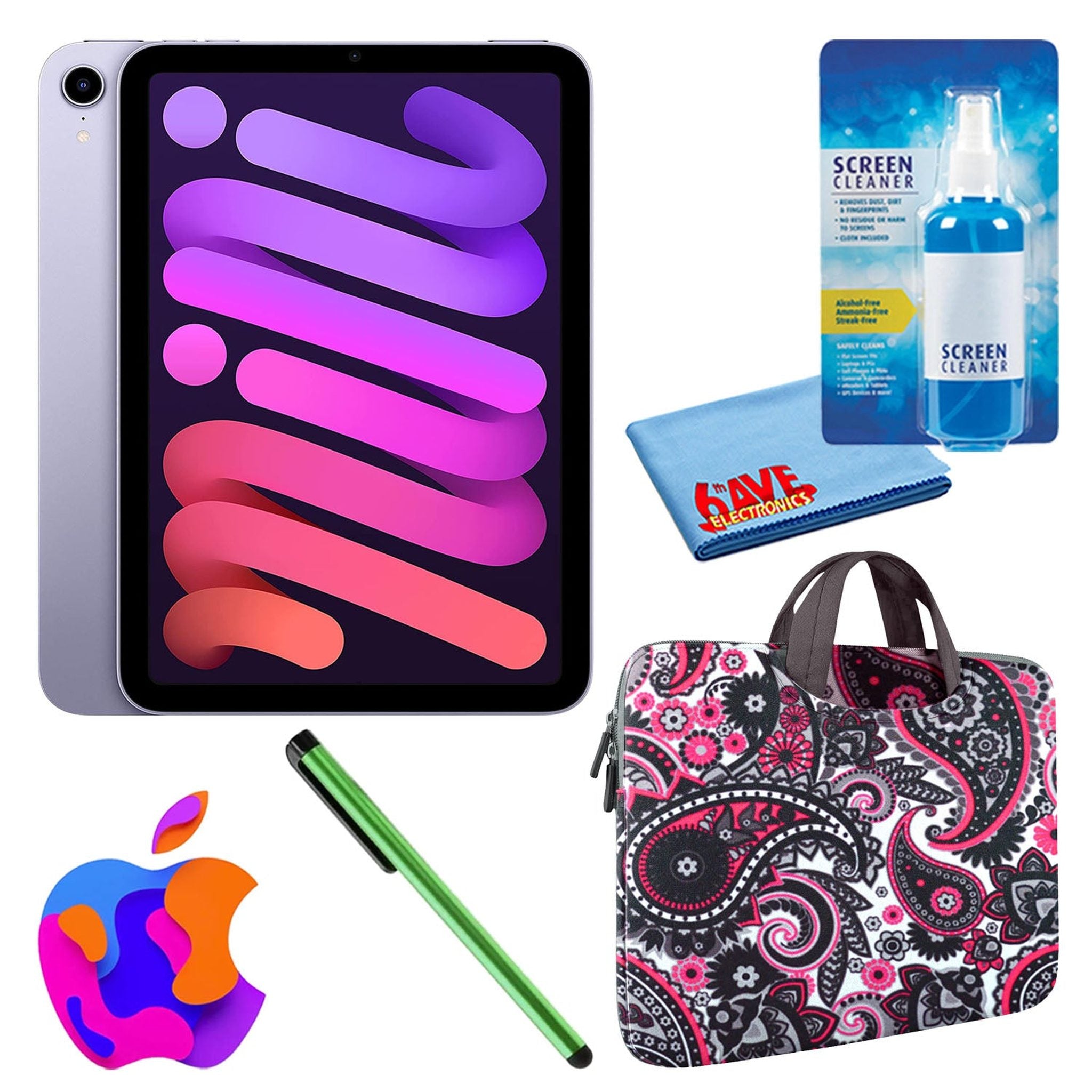 Apple iPad Mini 6 64GB, Wi-Fi, Purple Bundle with Zipper Sleeve