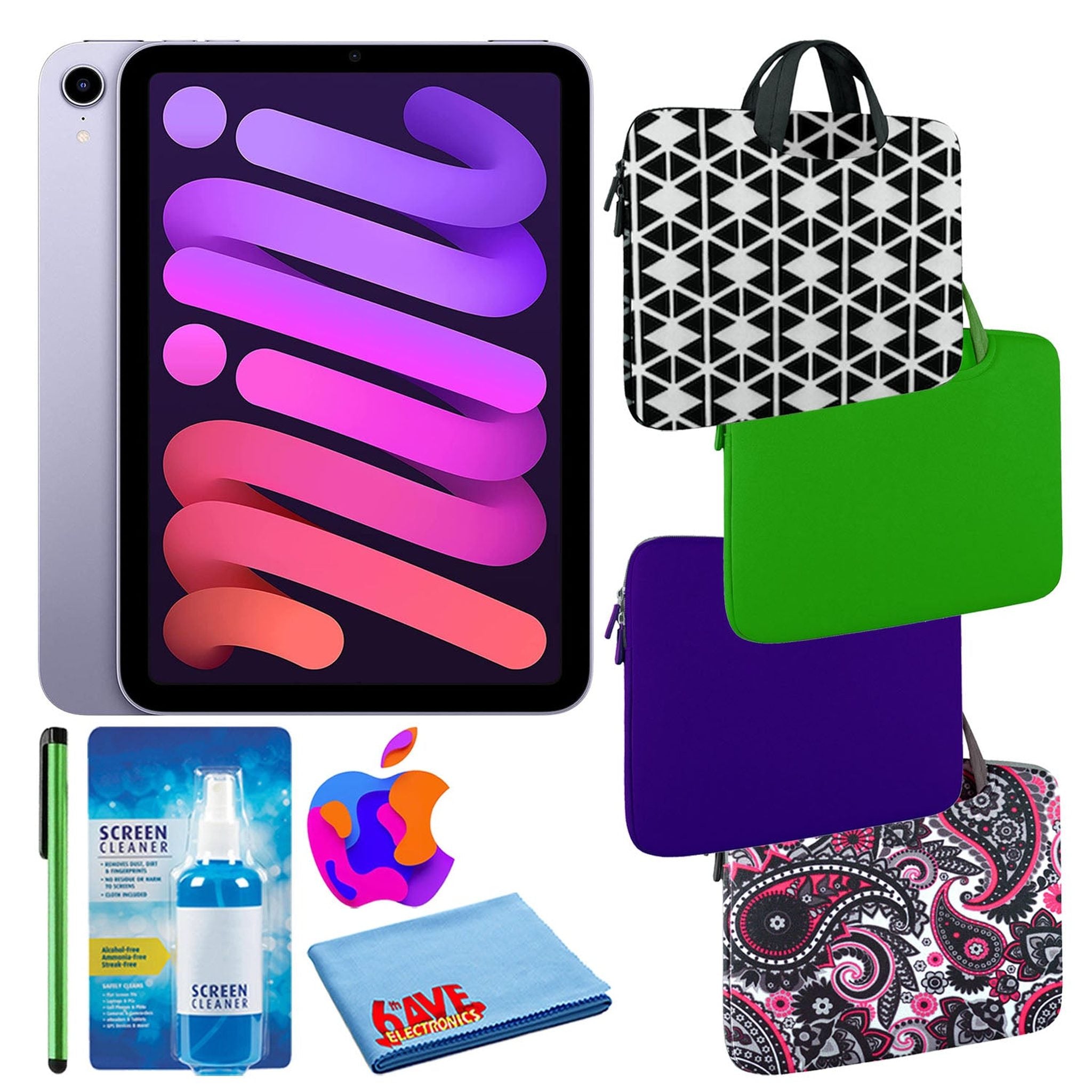 Apple iPad Mini 6 64GB, Wi-Fi, Purple Bundle with Zipper Sleeve