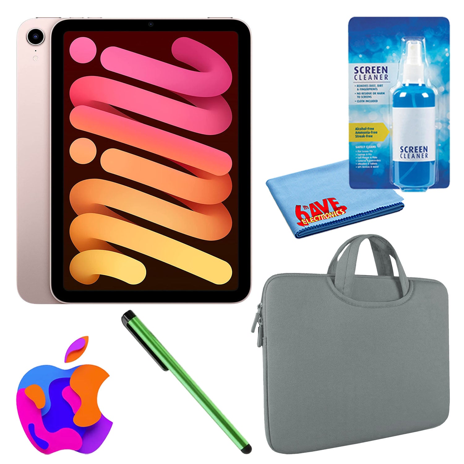 Apple iPad Mini 6 256GB, Wi-Fi, Pink Bundle with Zipper Sleeve