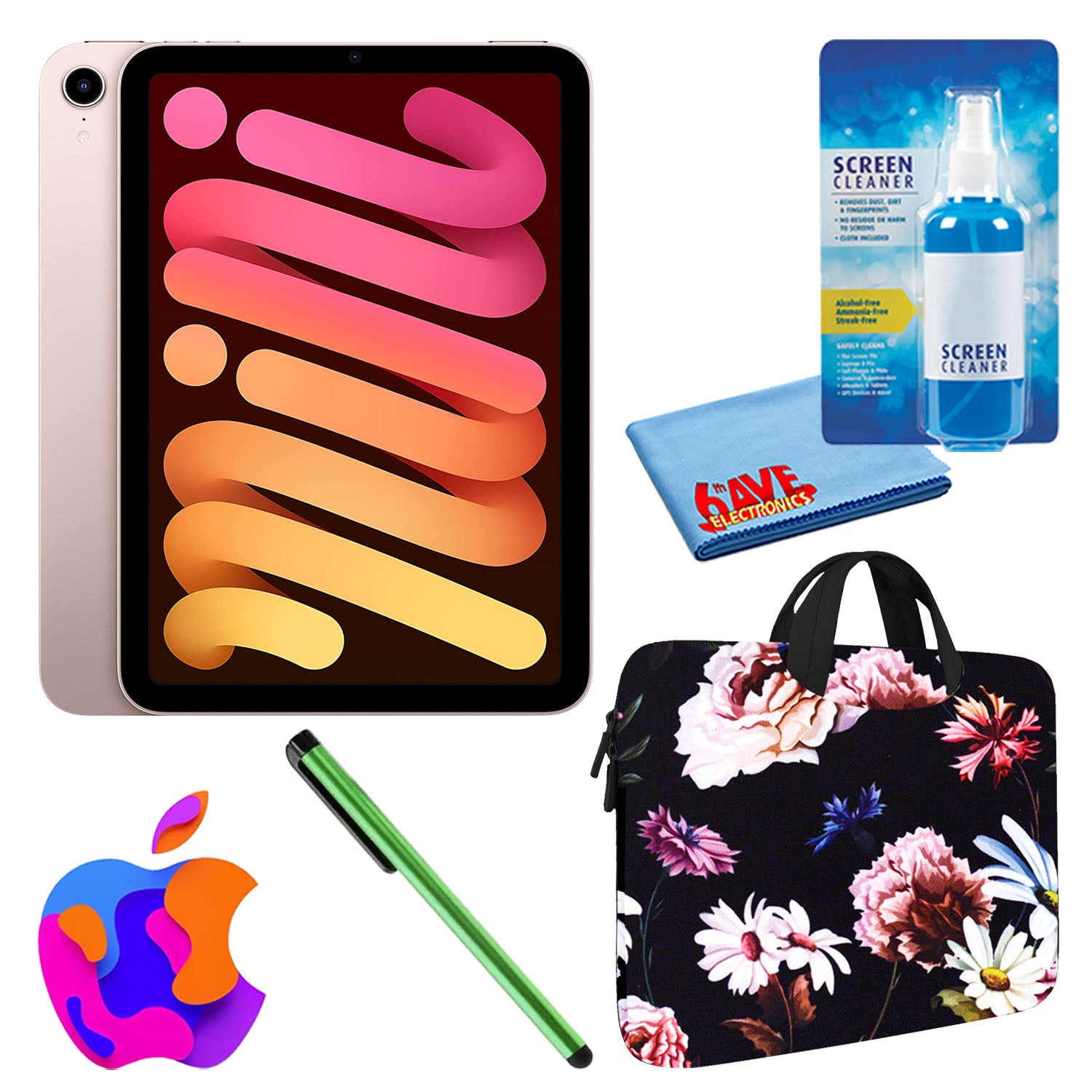 Apple iPad Mini 6 64GB, Wi-Fi, Pink Bundle with Black Floral Sleeve