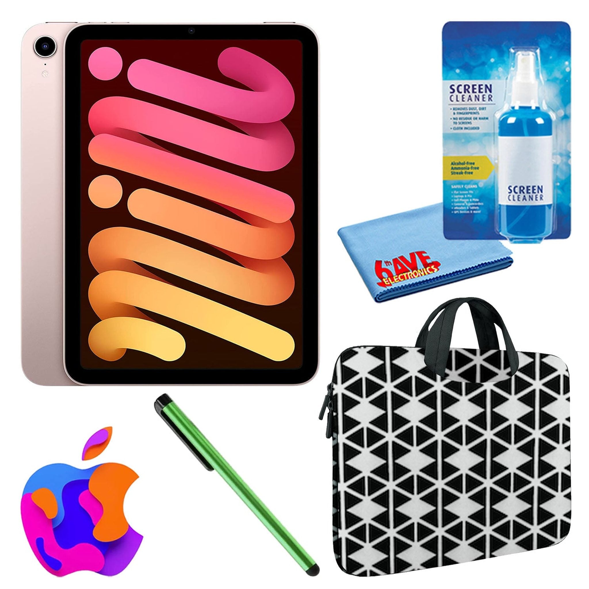 Apple iPad Mini 6 64GB, Wi-Fi, Pink Bundle with Zipper Sleeve