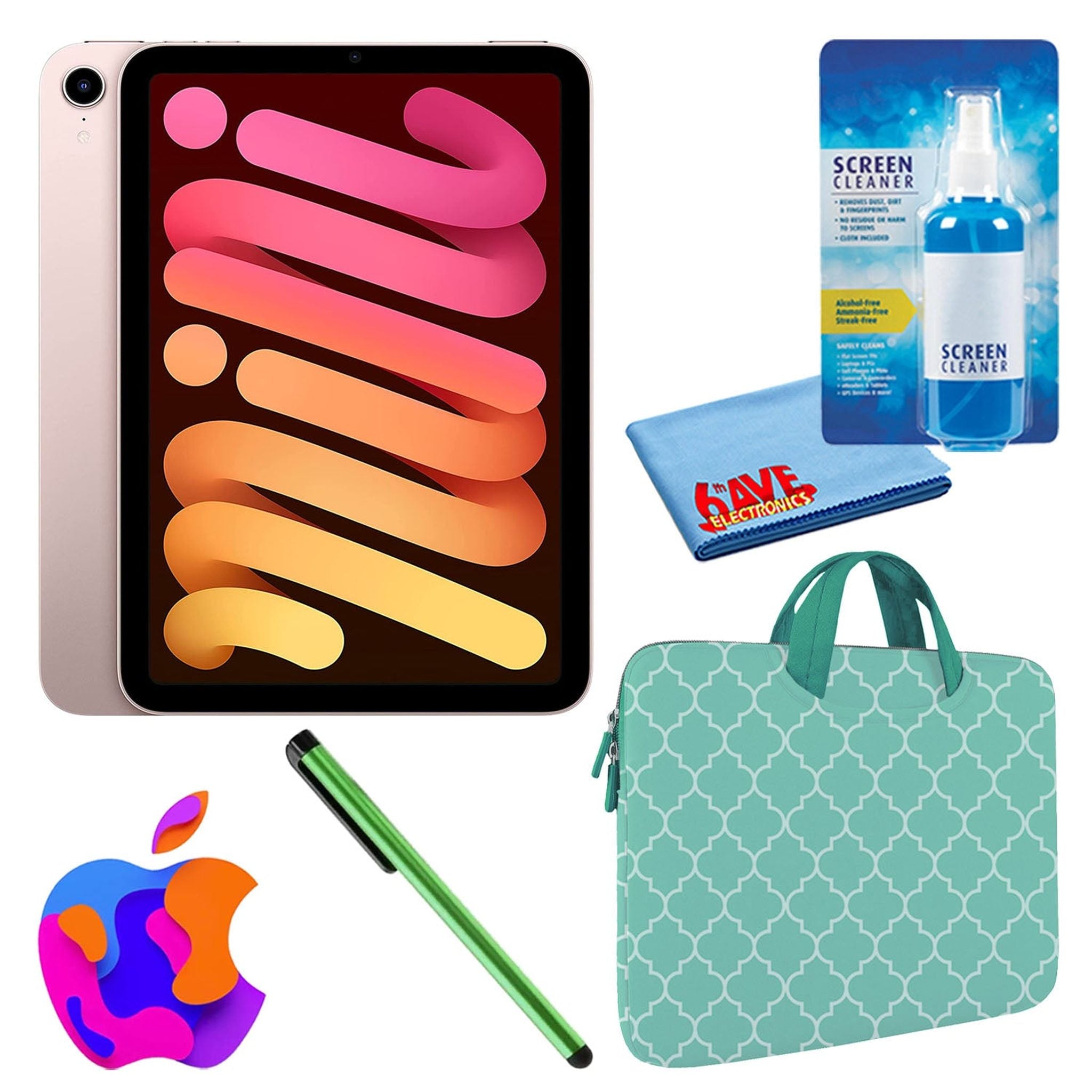 Apple iPad Mini 6 64GB, Wi-Fi, Pink Bundle with Mint Moroccan Sleeve