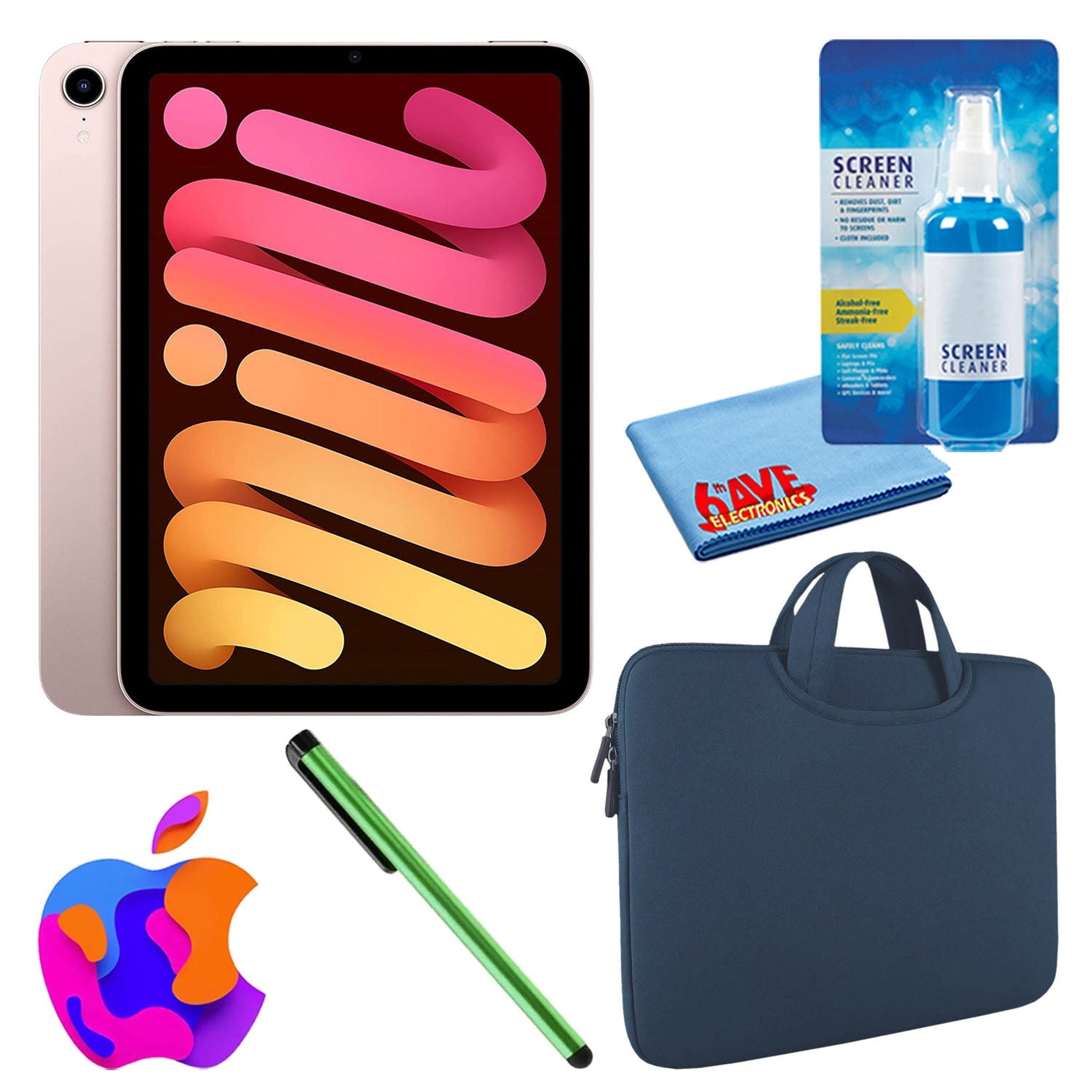 Apple iPad Mini 6 64GB, Wi-Fi, Pink Bundle with Zipper Sleeve