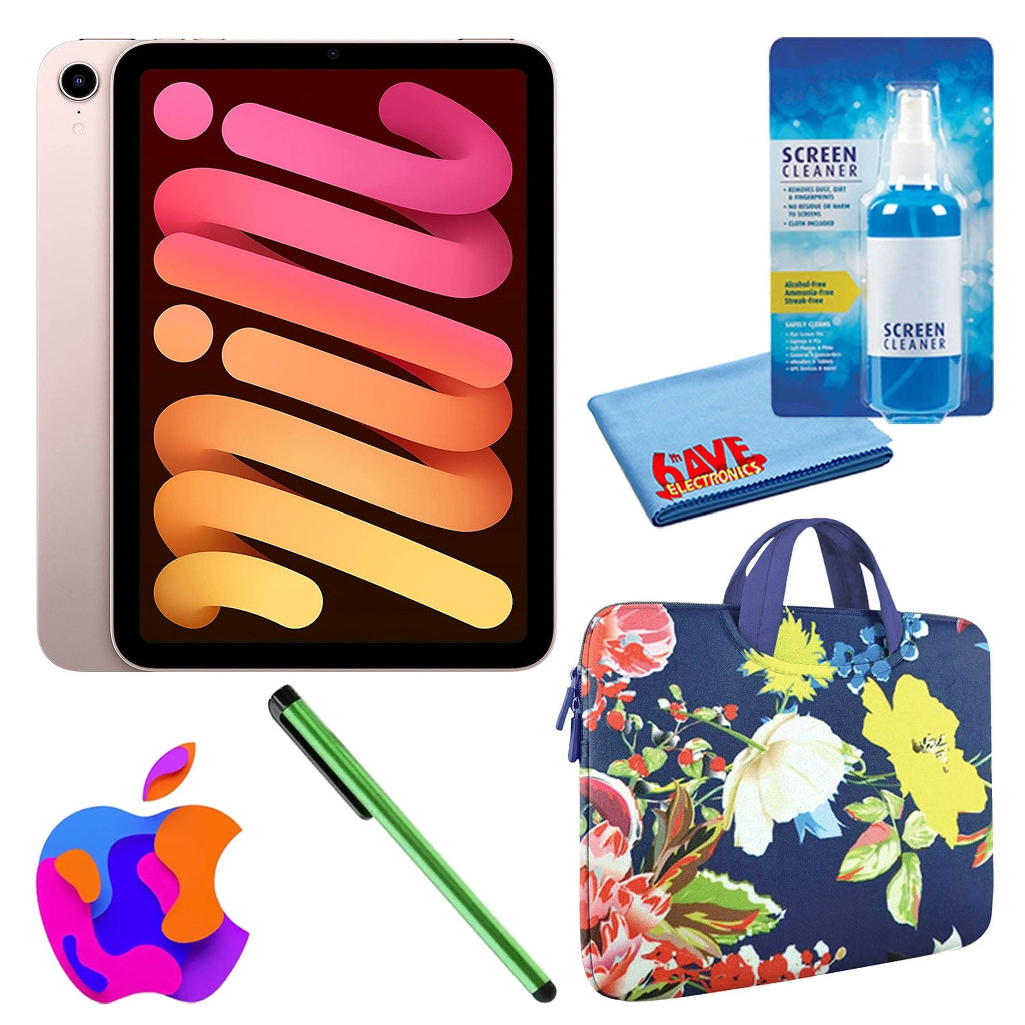 Apple iPad Mini 6 64GB, Wi-Fi, Pink Bundle with Zipper Sleeve