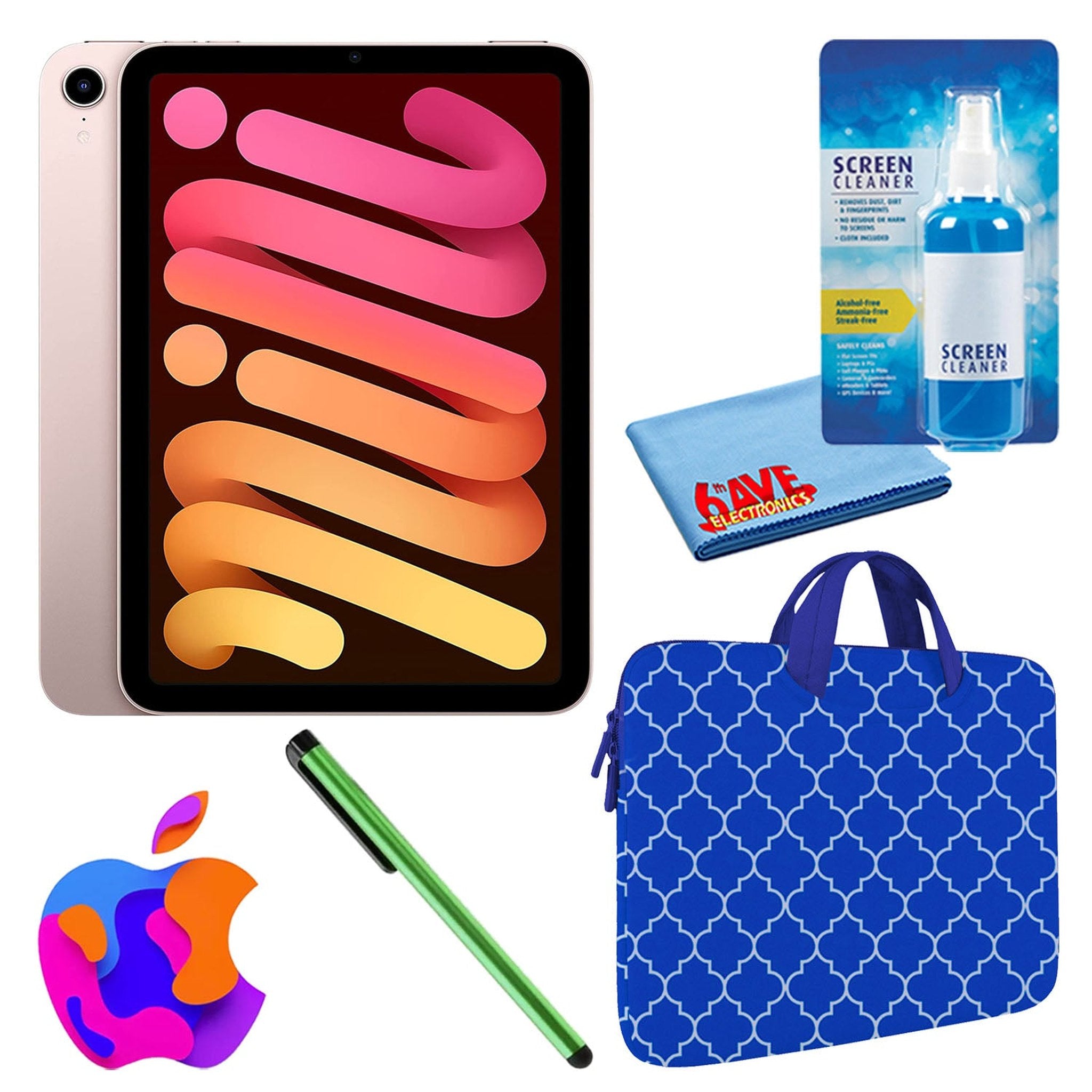Apple iPad Mini 6 64GB, Wi-Fi, Pink Bundle with Blue Moroccan Sleeve