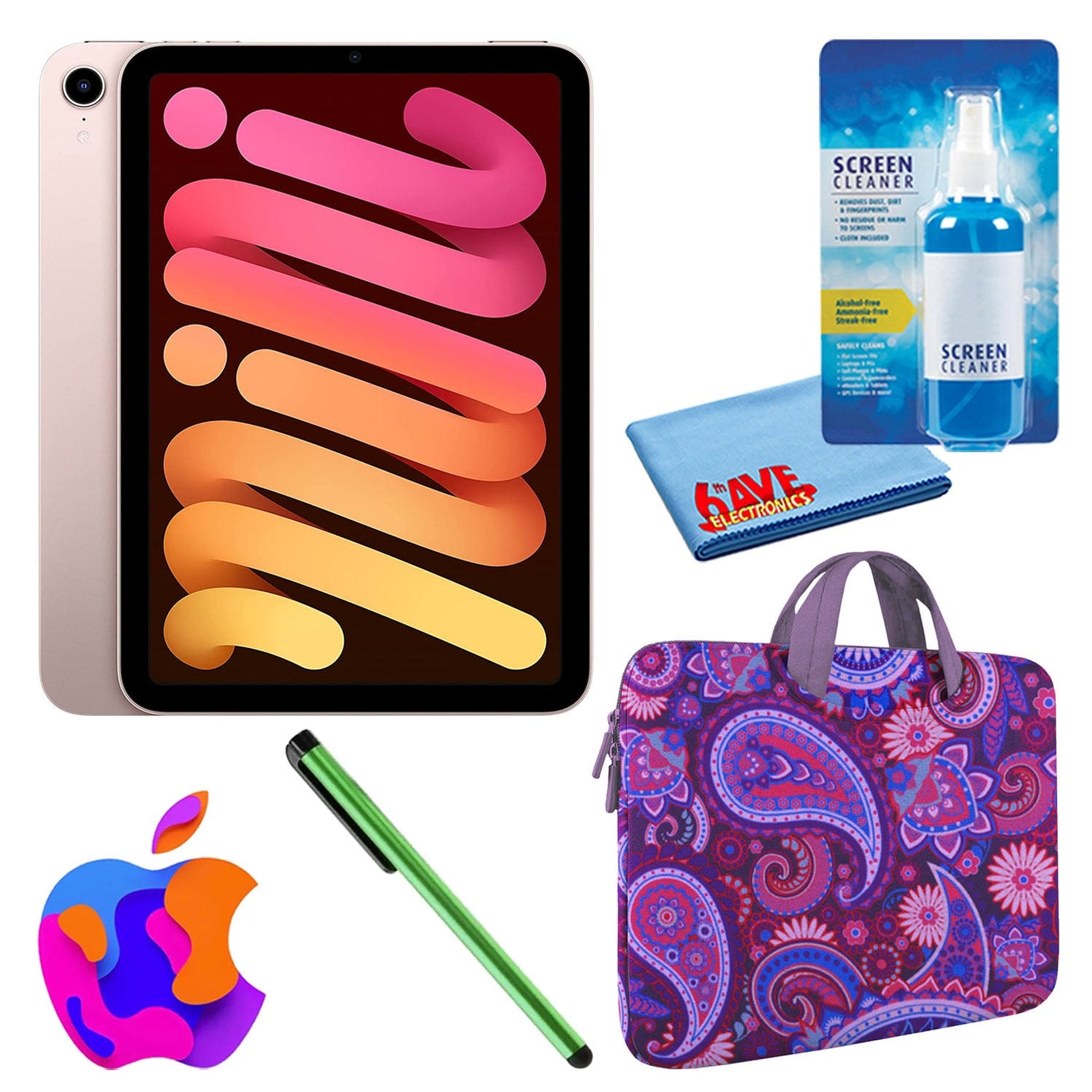 Apple iPad Mini 6 64GB, Wi-Fi, Pink Bundle with Purple Paisley Sleeve