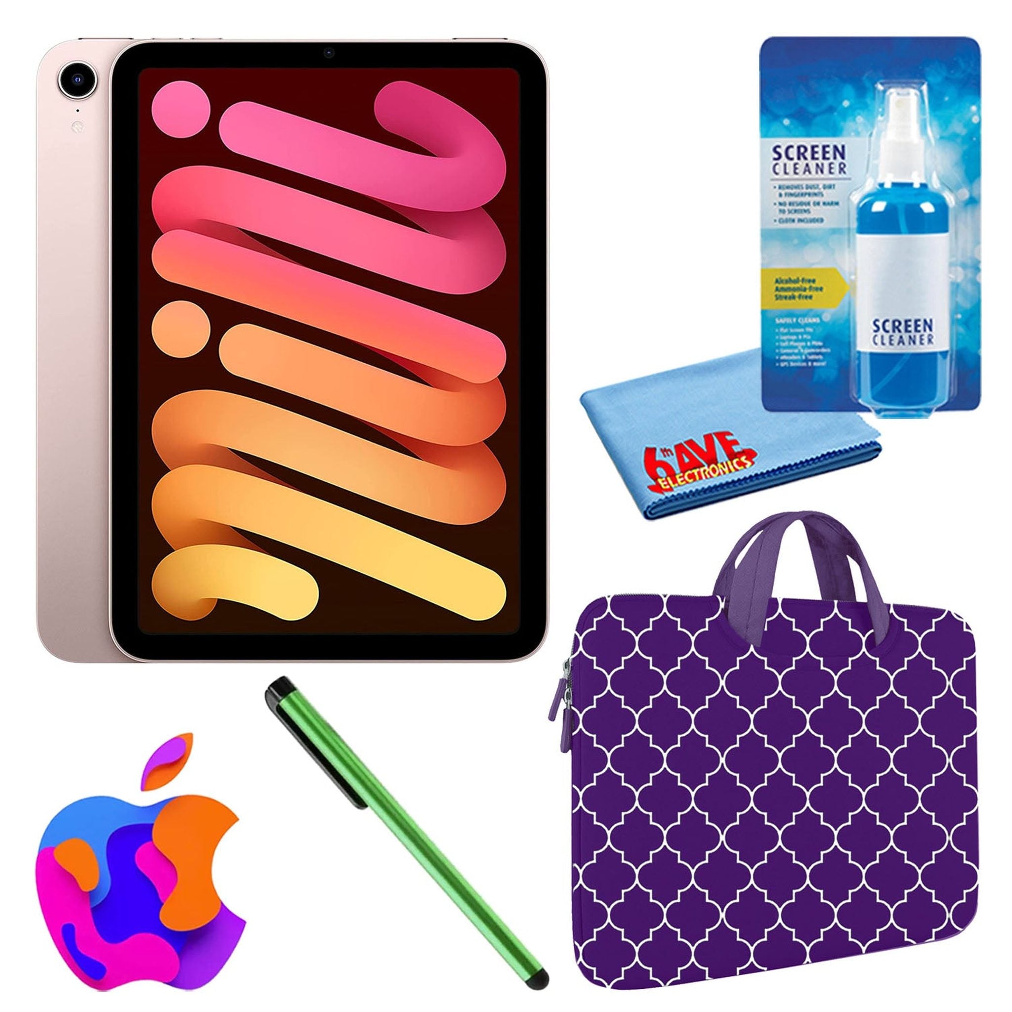 Apple iPad Mini 6 64GB, Wi-Fi, Pink Bundle with Purple Moroccan Sleeve