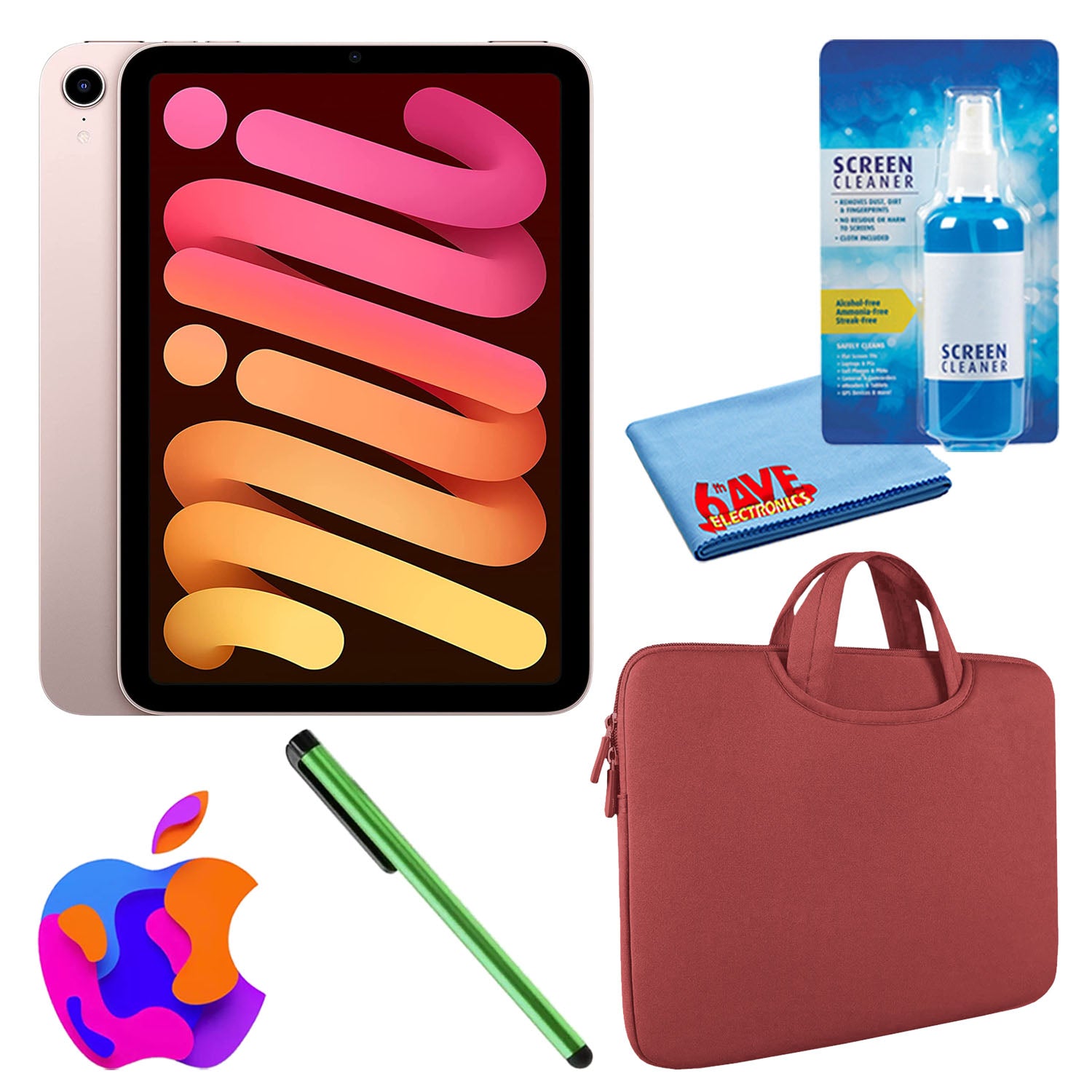 Apple iPad Mini 6 256GB, Wi-Fi, Pink Bundle with Zipper Sleeve