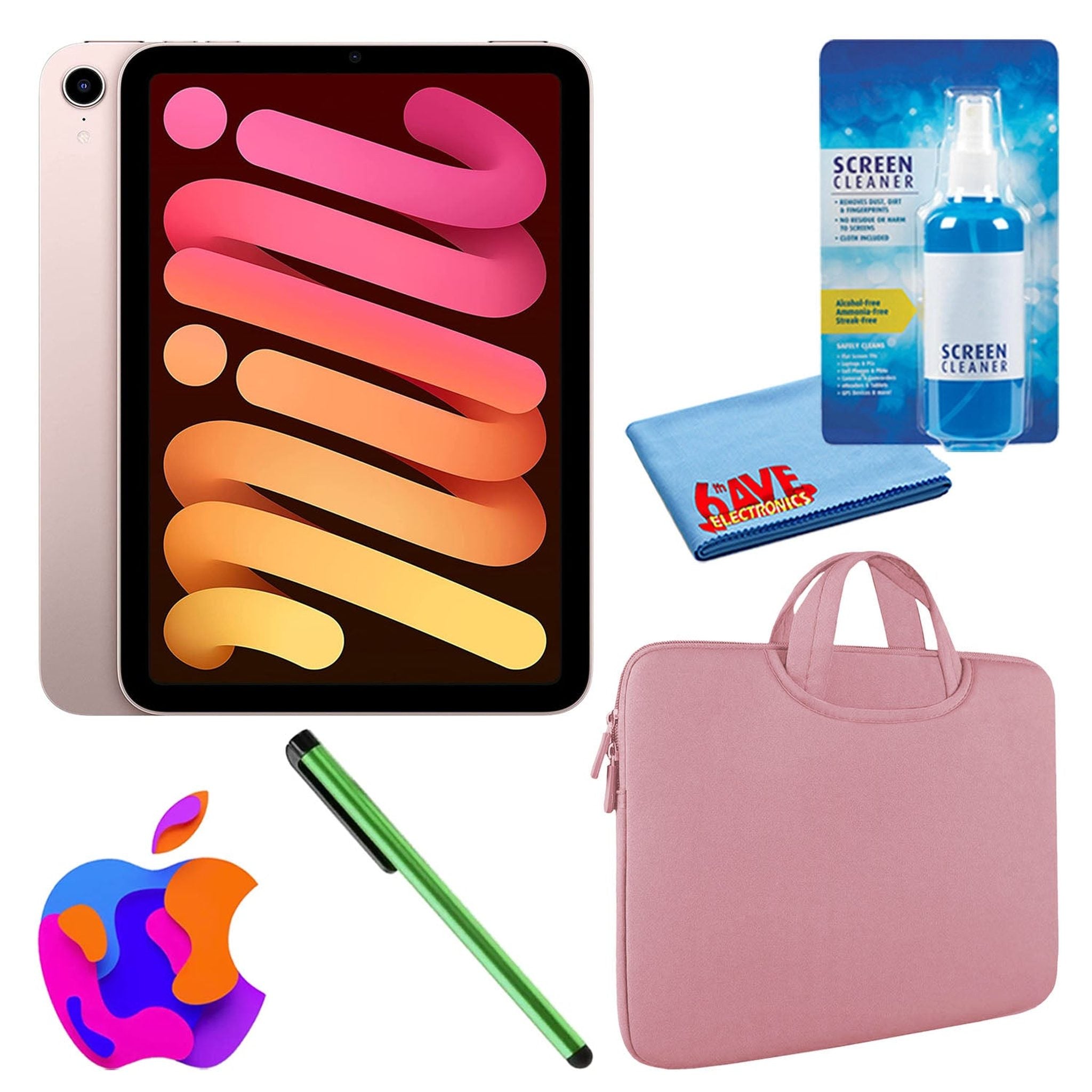 Apple iPad Mini 6 64GB, Wi-Fi, Pink Bundle with Zipper Sleeve