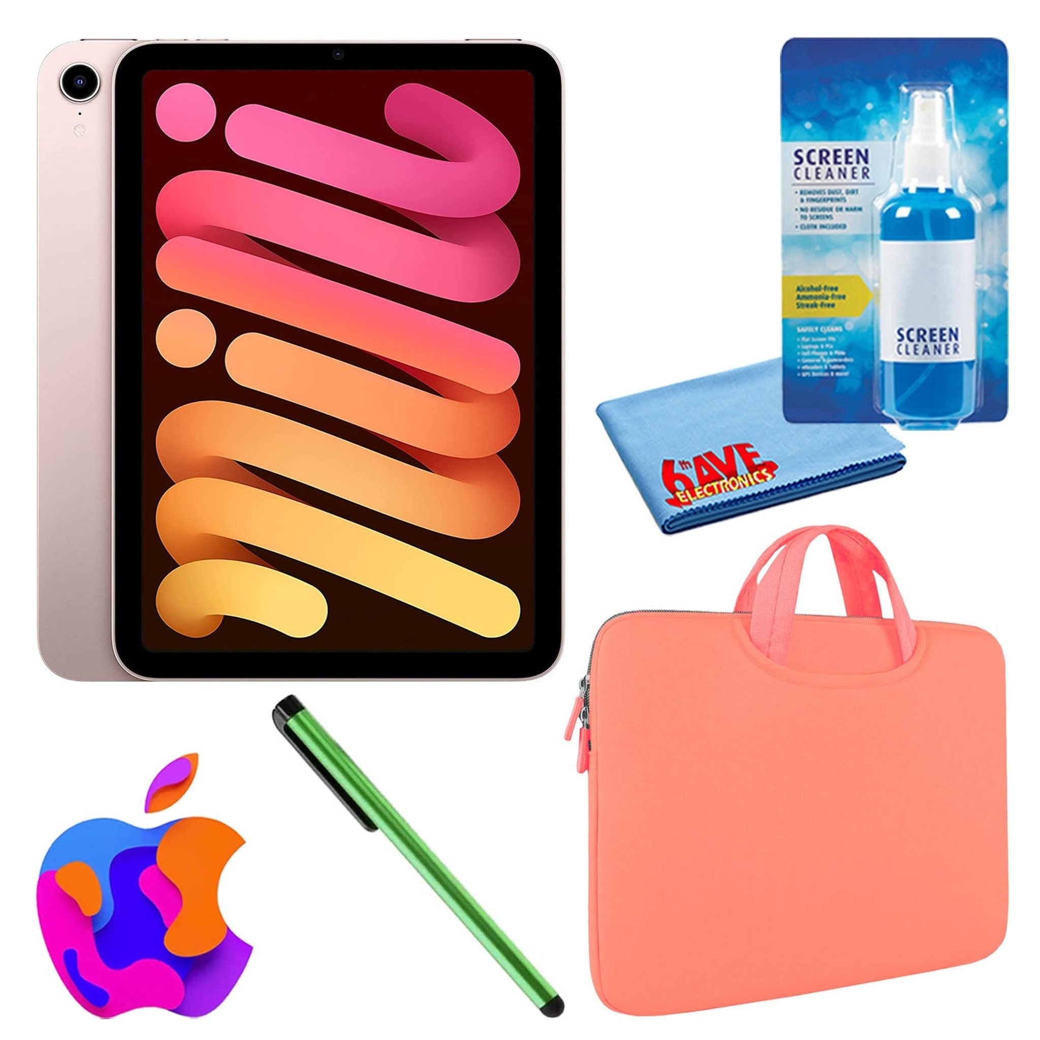 Apple iPad Mini 6 64GB, Wi-Fi, Pink Bundle with Zipper Sleeve