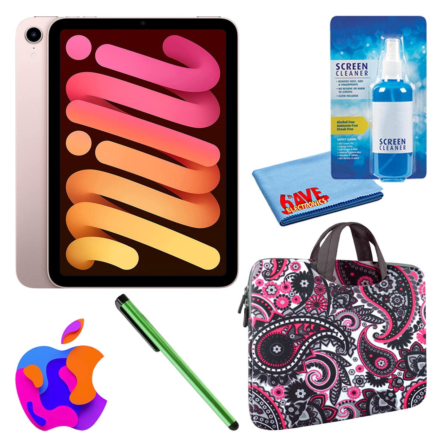 Apple iPad Mini 6 256GB, Wi-Fi, Pink Bundle with Zipper Sleeve