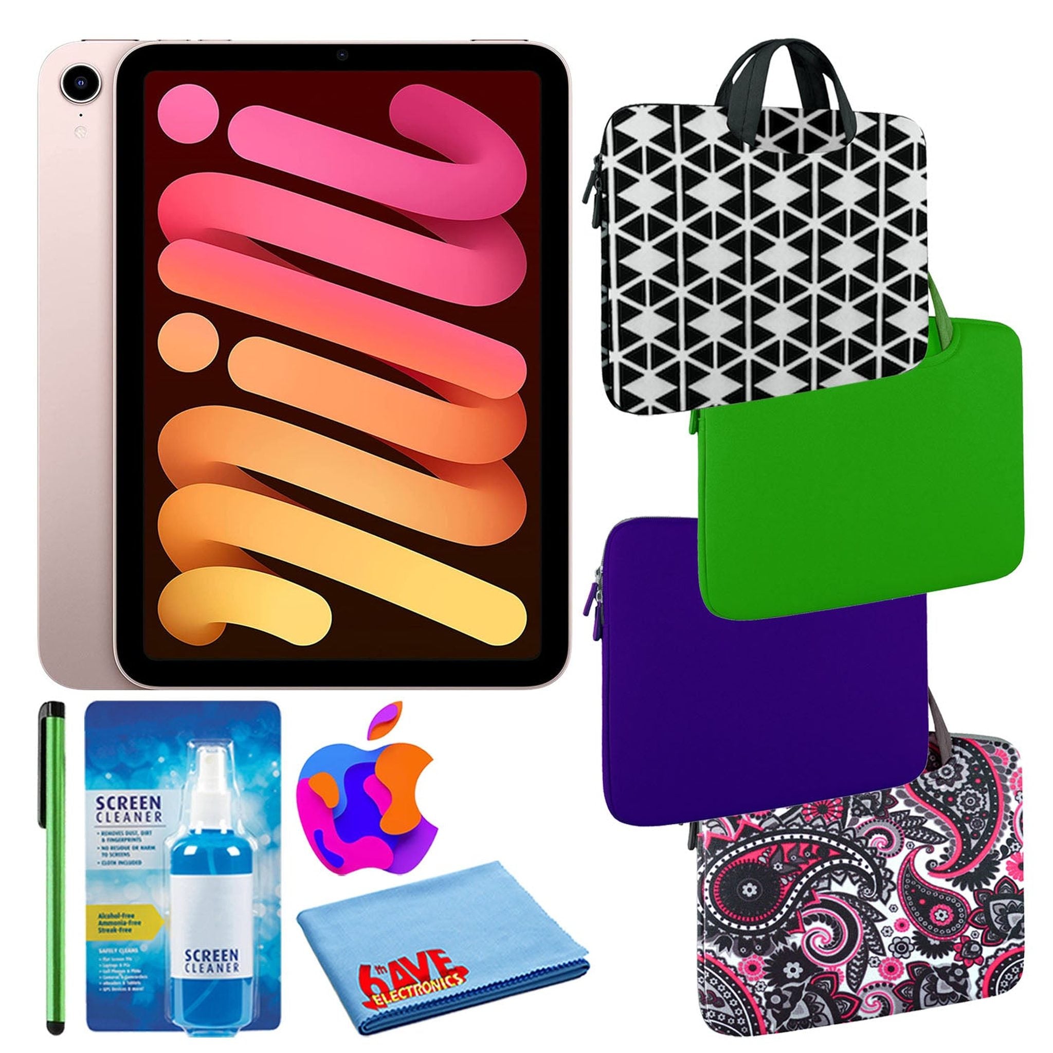 Apple iPad Mini 6 64GB, Wi-Fi, Pink Bundle with Zipper Sleeve