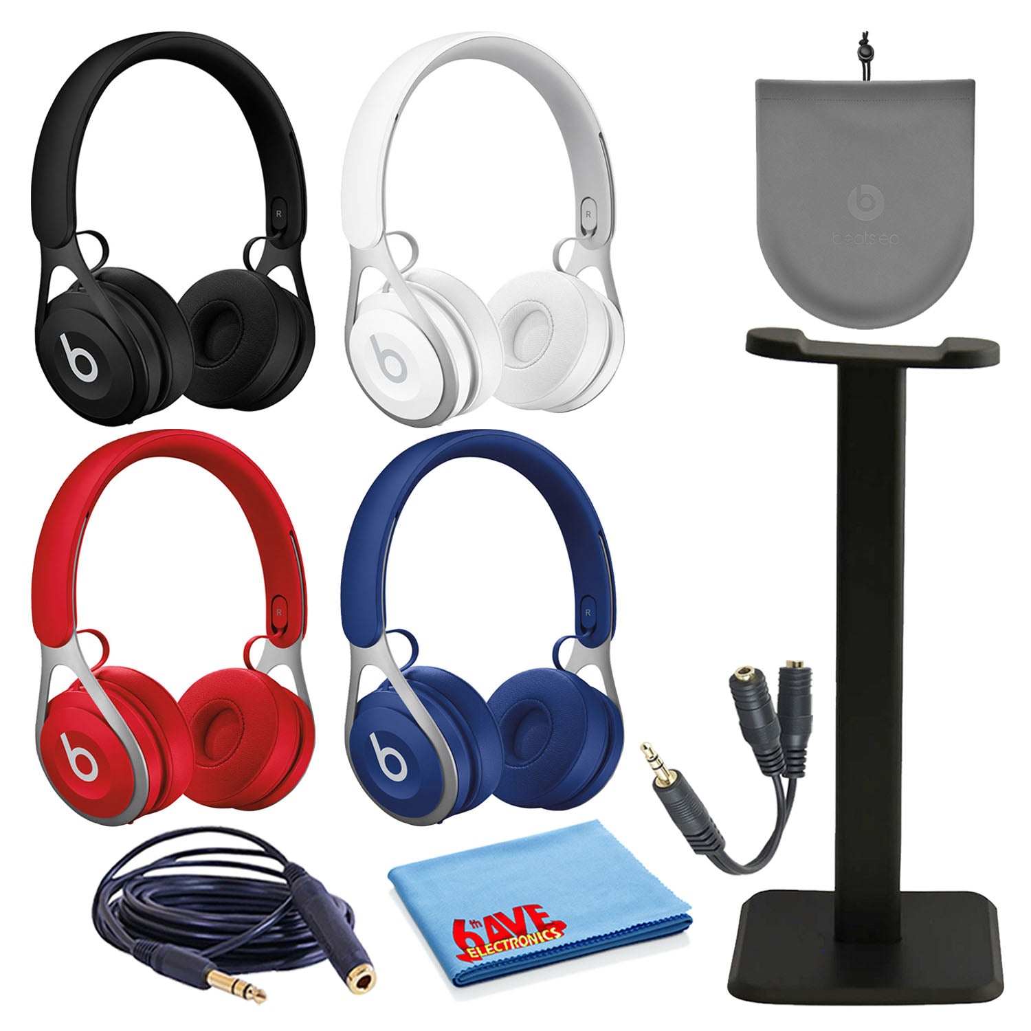 Beats EP On-Ear Wired Headphones Bundle with Stand + Extension Cable + Splitter -