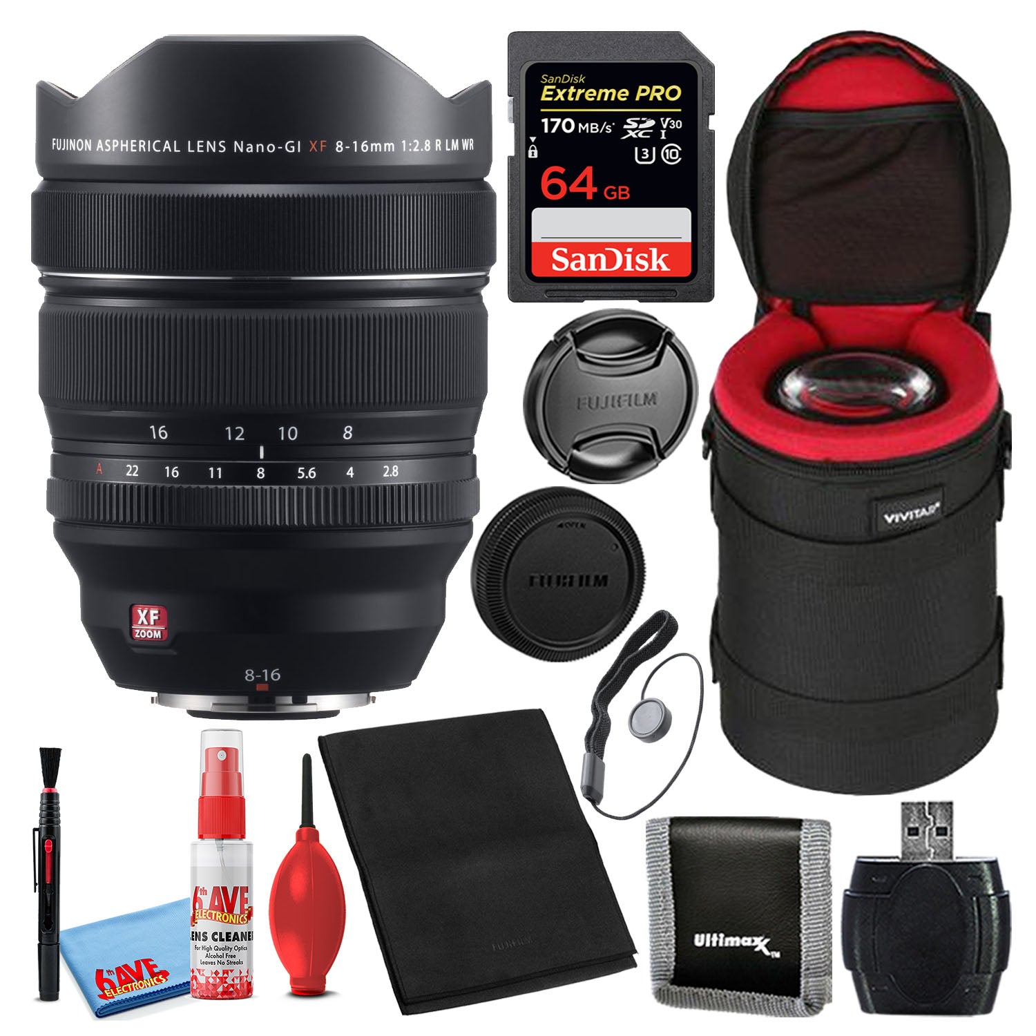 Fujifilm XF 8-16mm f/2.8 R LM WR Ultra-Wide Zoom Lens + 64GB SD Card Bundle